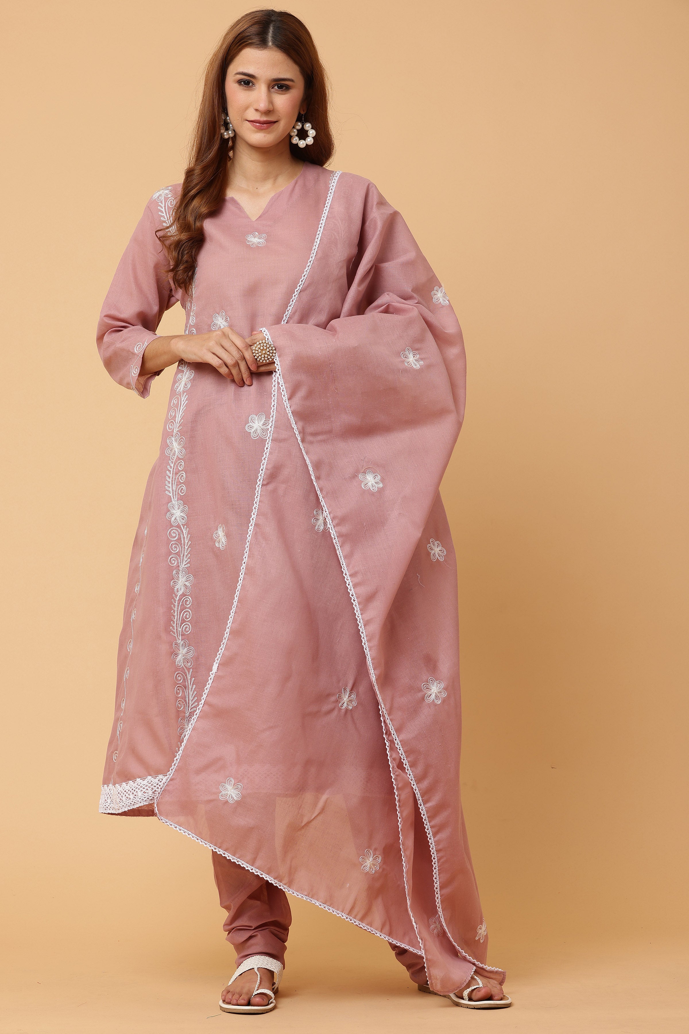 Kaanchie Nanggia Dusty Peach Kalidar Emb Kurta Chudidar with Dupatta (Set of 3)