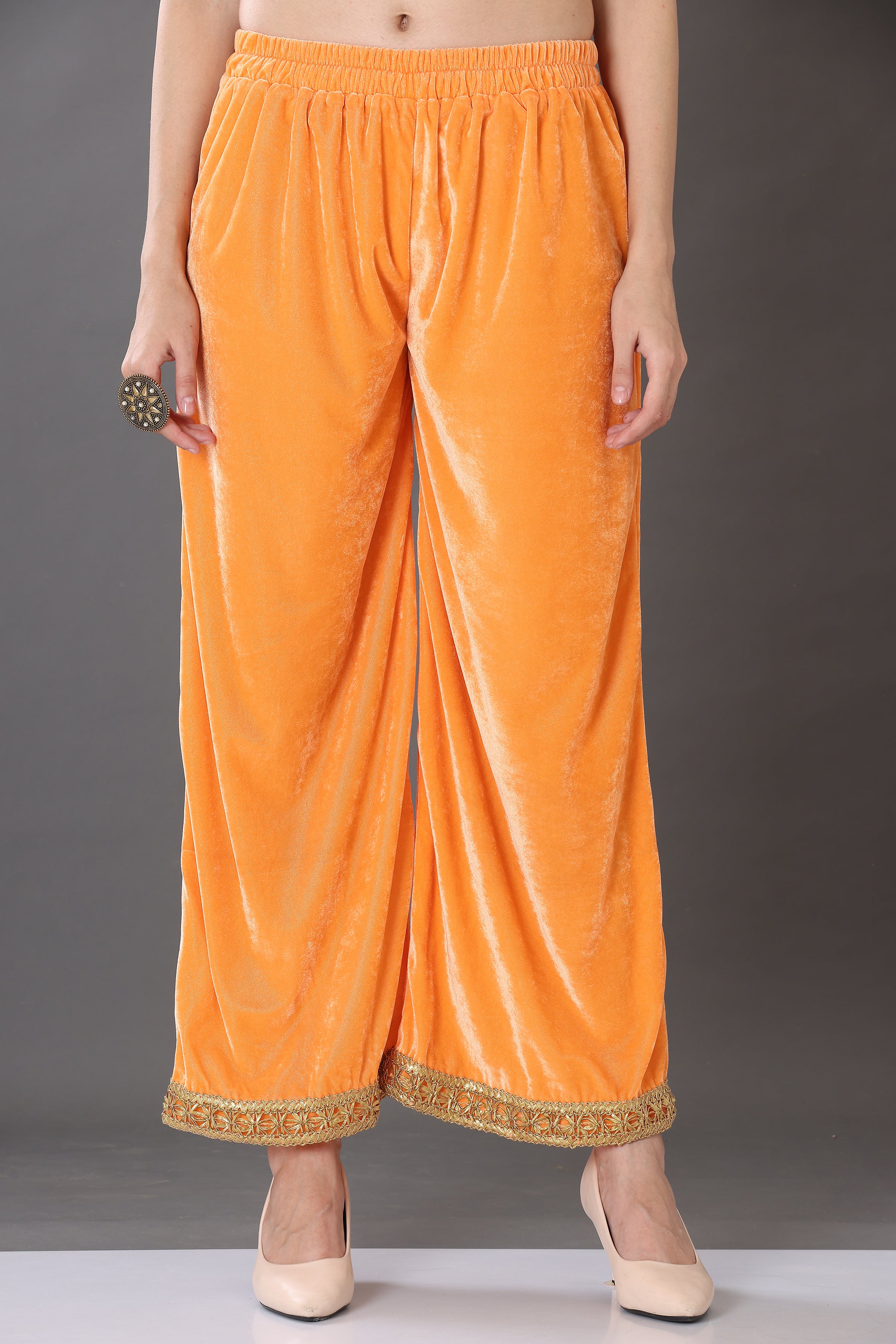 Kaanchie Nanggia Orange Velvet Embroidered Kurta Palazzo and Dupatta (Set of 3)