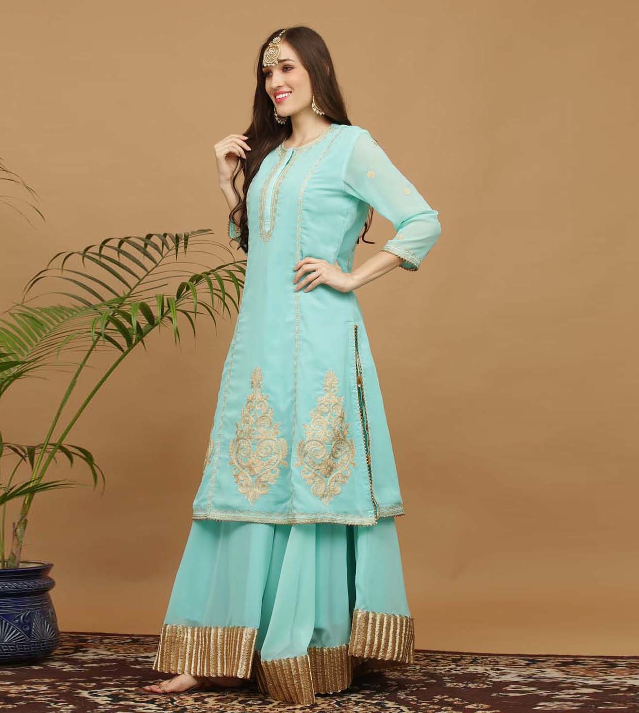 Kaanchie Nanggia Turquoise Embroidery Georgette Kurta with Skirt (Set of 2)