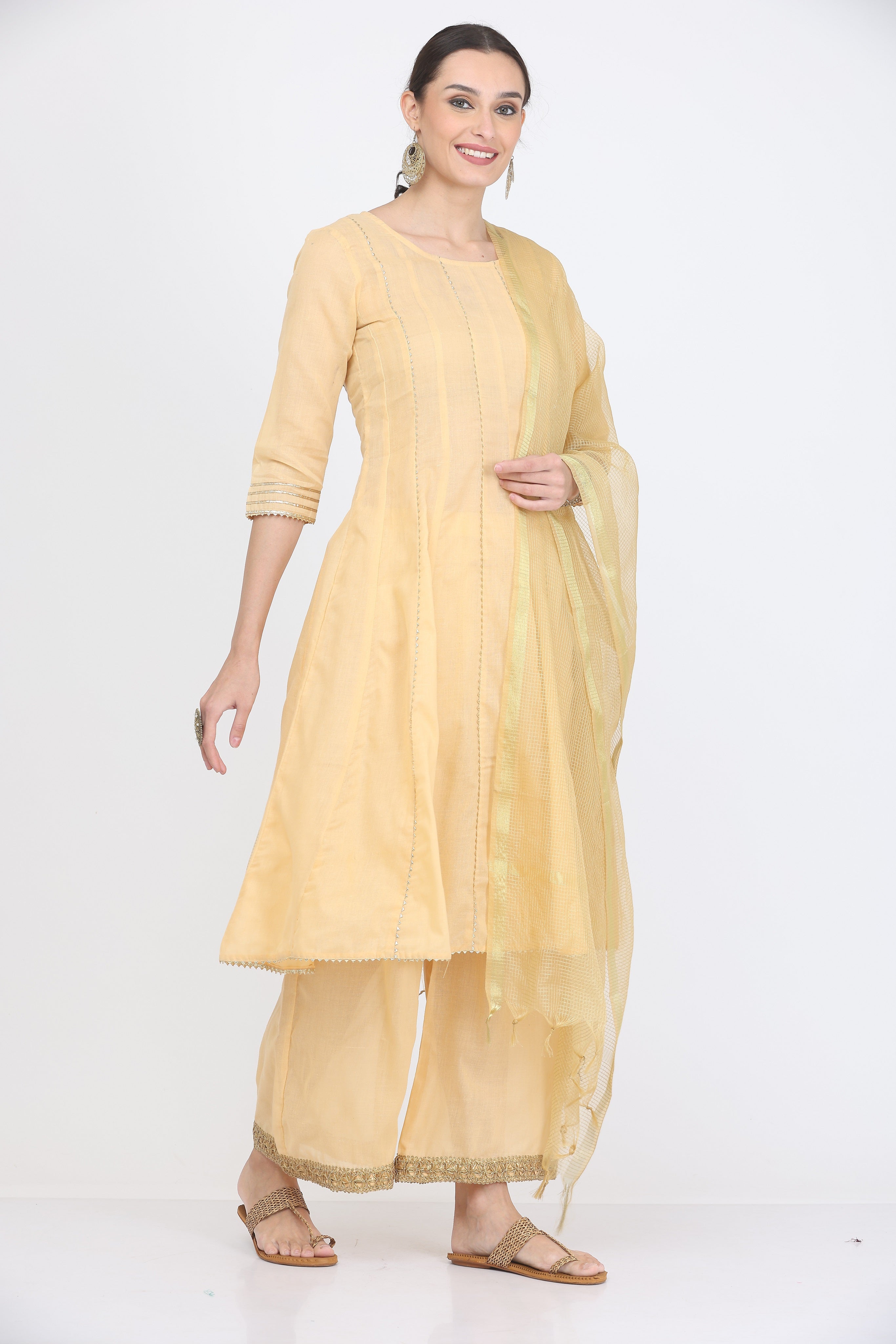 Kaanchie Nanggia Beige Gota Work Kurta Palazzo with Dupatta (Set of 3)