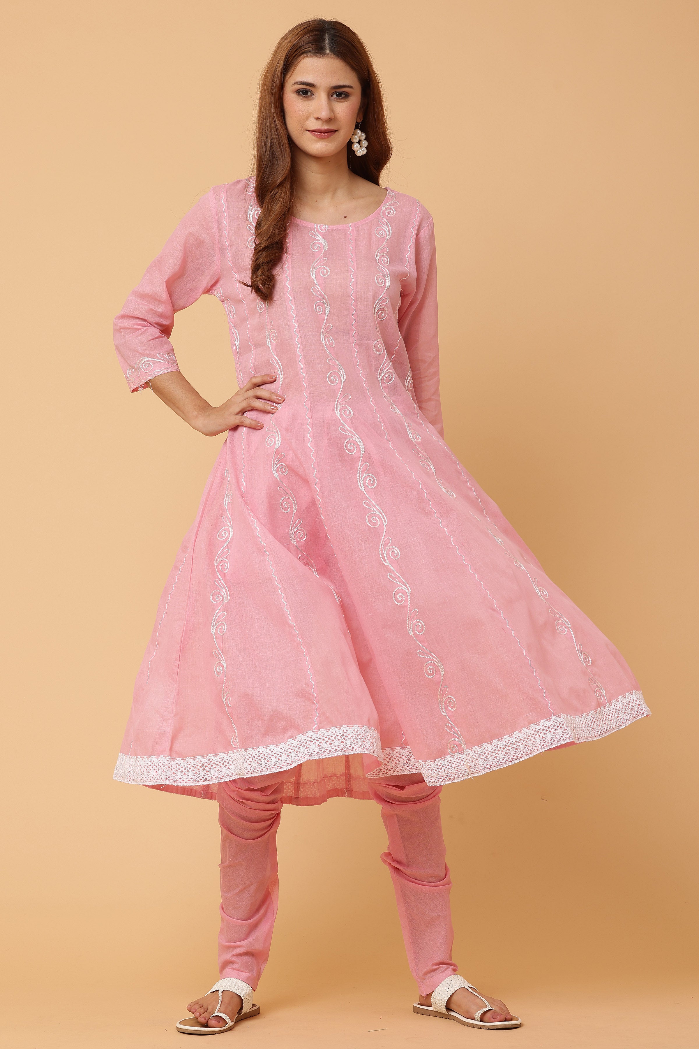 Kaanchie Nanggia Pink Kalidar Emb Kurta Chudidar with Dupatta (Set of 3)