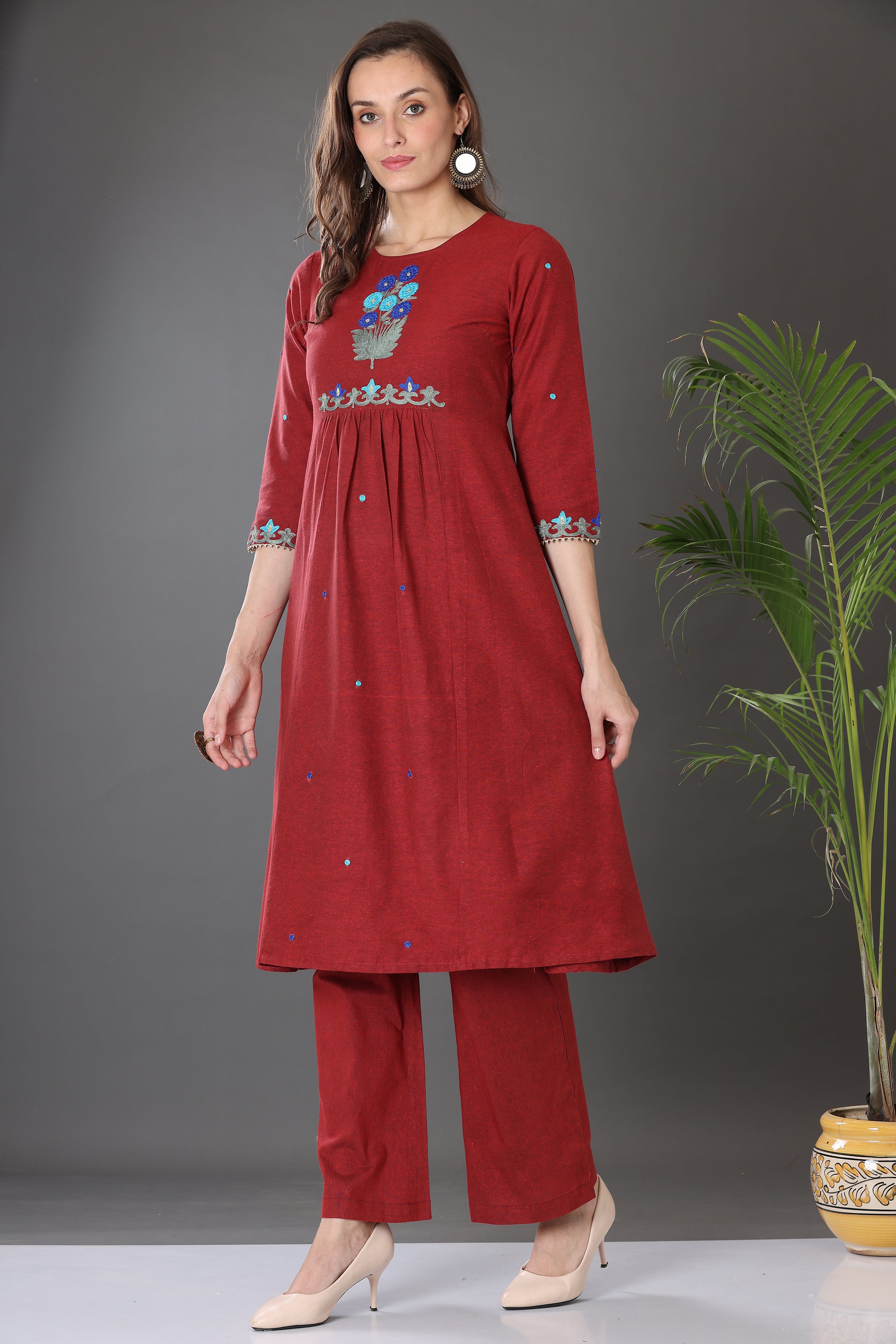 Kaanchie Nanggia Maroon Cotton Embroidered Flared Kurta Pants (Set of 2)