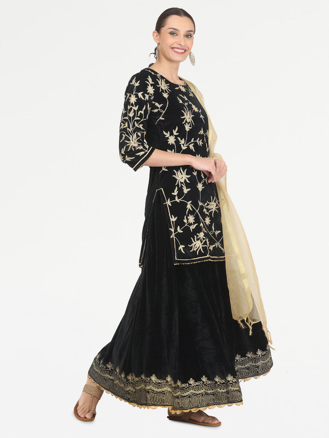 Kaanchie Nanggia Black Embroidered Kurta Skirt with Chanderi Dupatta (Set of 3)