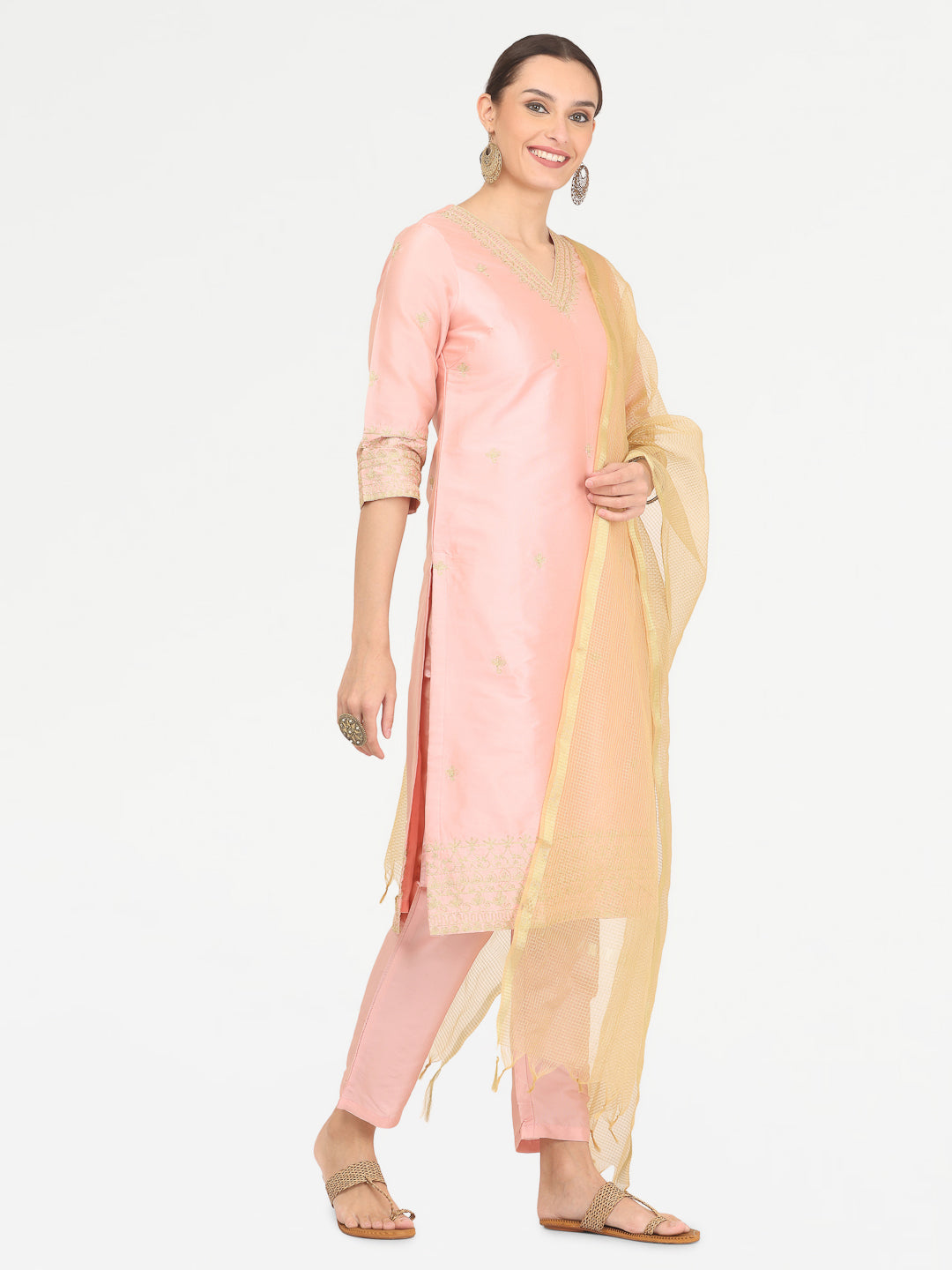 Kaanchie Nanggia Peach Taffeta Embroidered Kurta Pant with Dupatta (Set of 3)