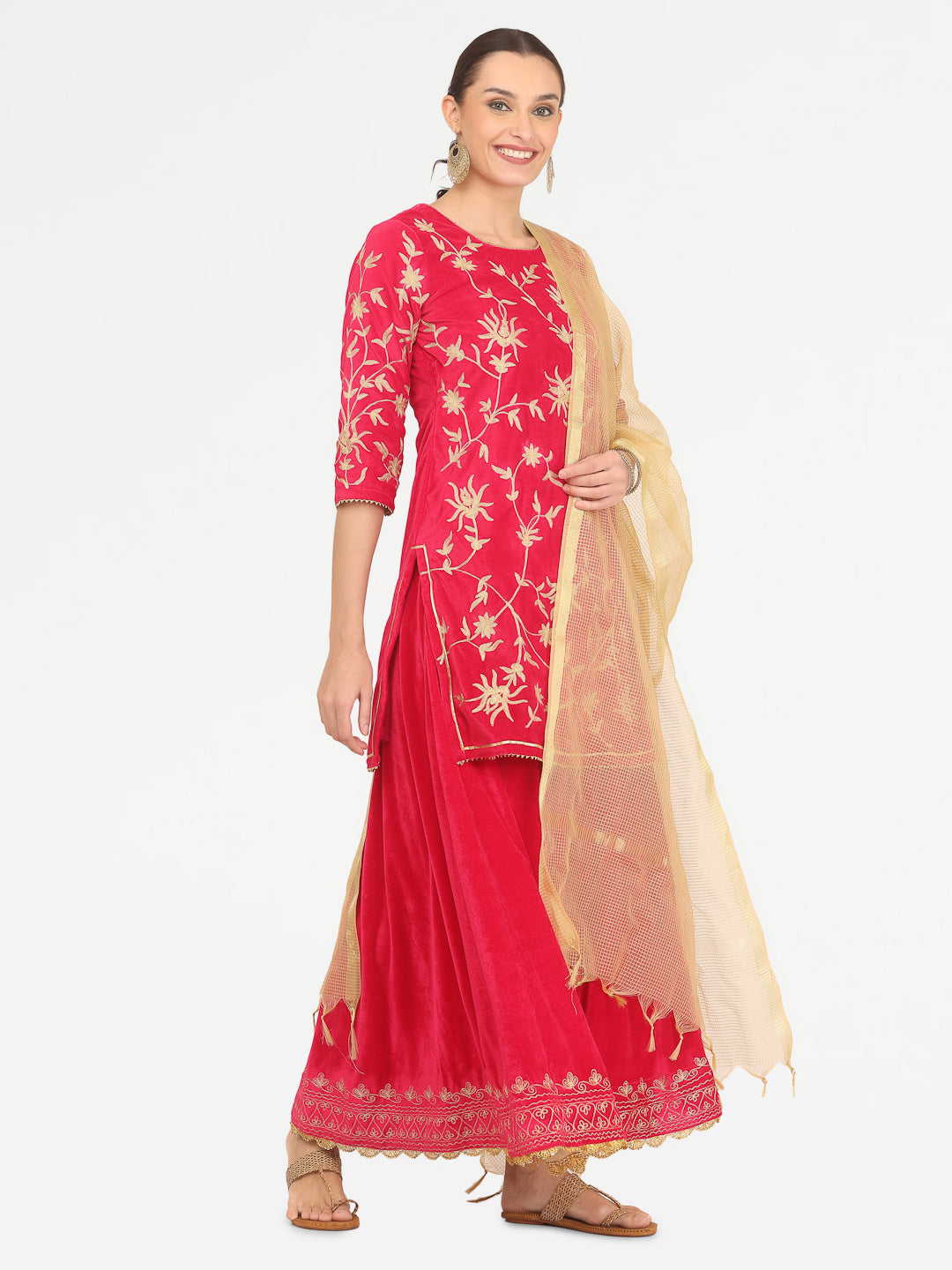 Kaanchie Nanggia Pink Velvet Embroidered Kurta Skirt with Dupatta (Set of 3)