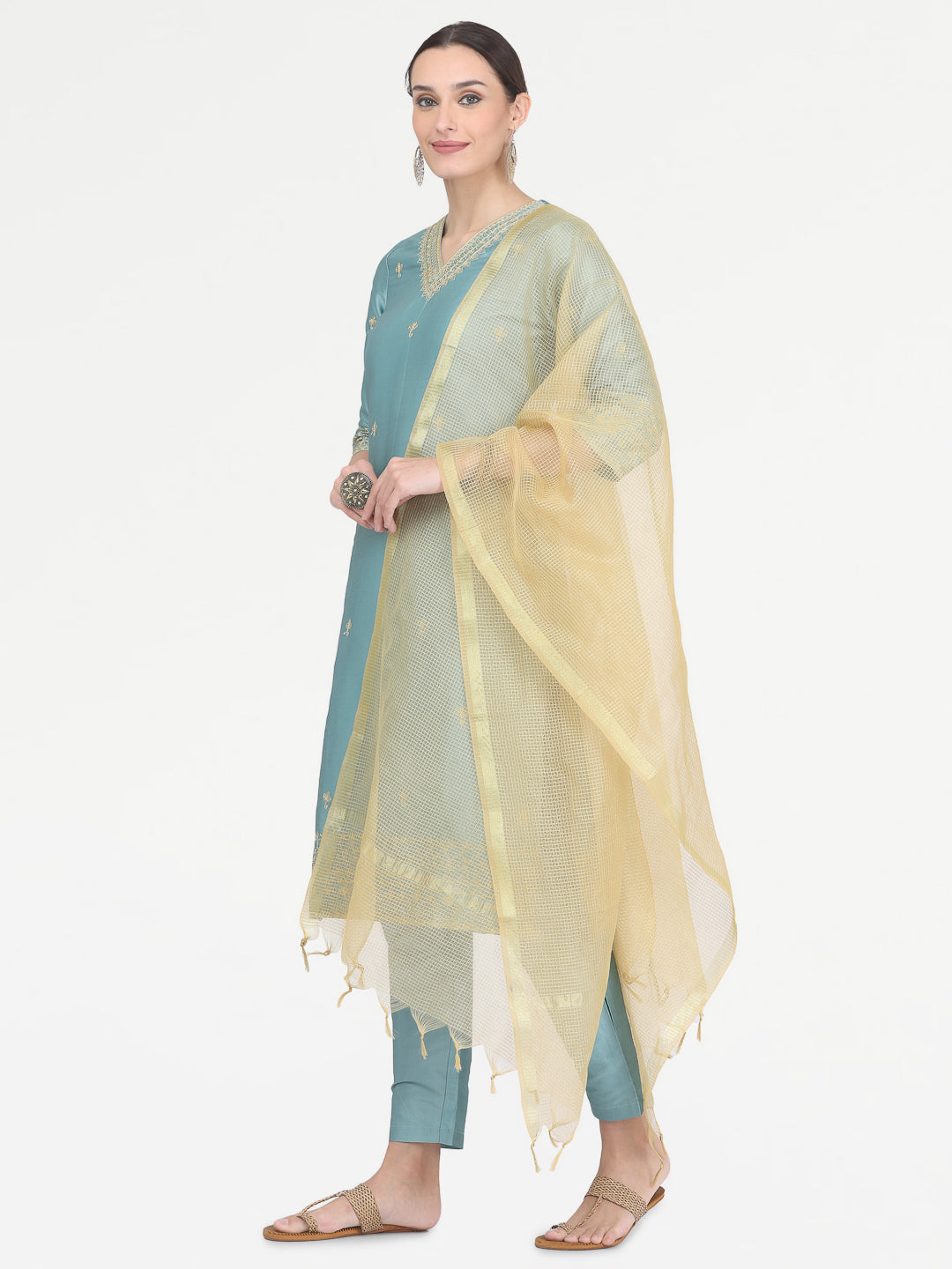 Kaanchie Nanggia Blue Taffeta Embroidered Kurta Pant with Dupatta (Set of 3)