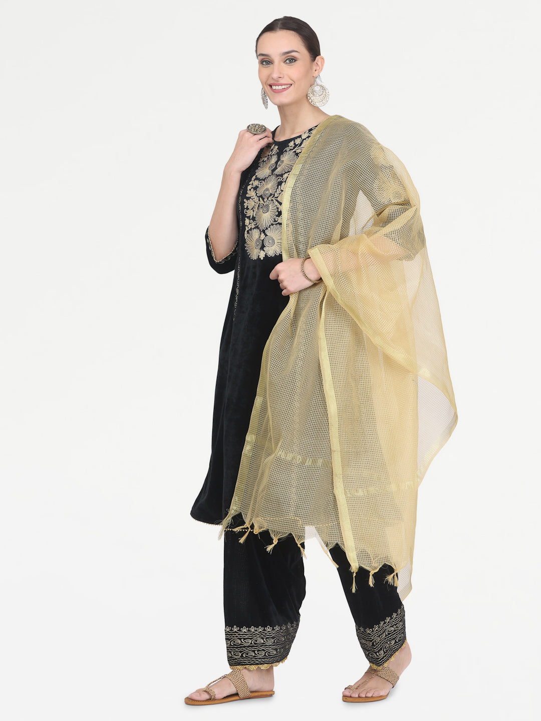 Kaanchie Nanggia Black Embroidered Kurta Salwar with Chanderi Dupatta (Set of 3)