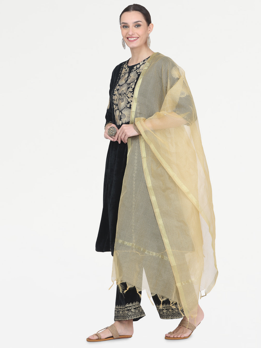 Kaanchie Nanggia Black Embroidered Kurta Palazzo with Chanderi Dupatta (Set of 3)