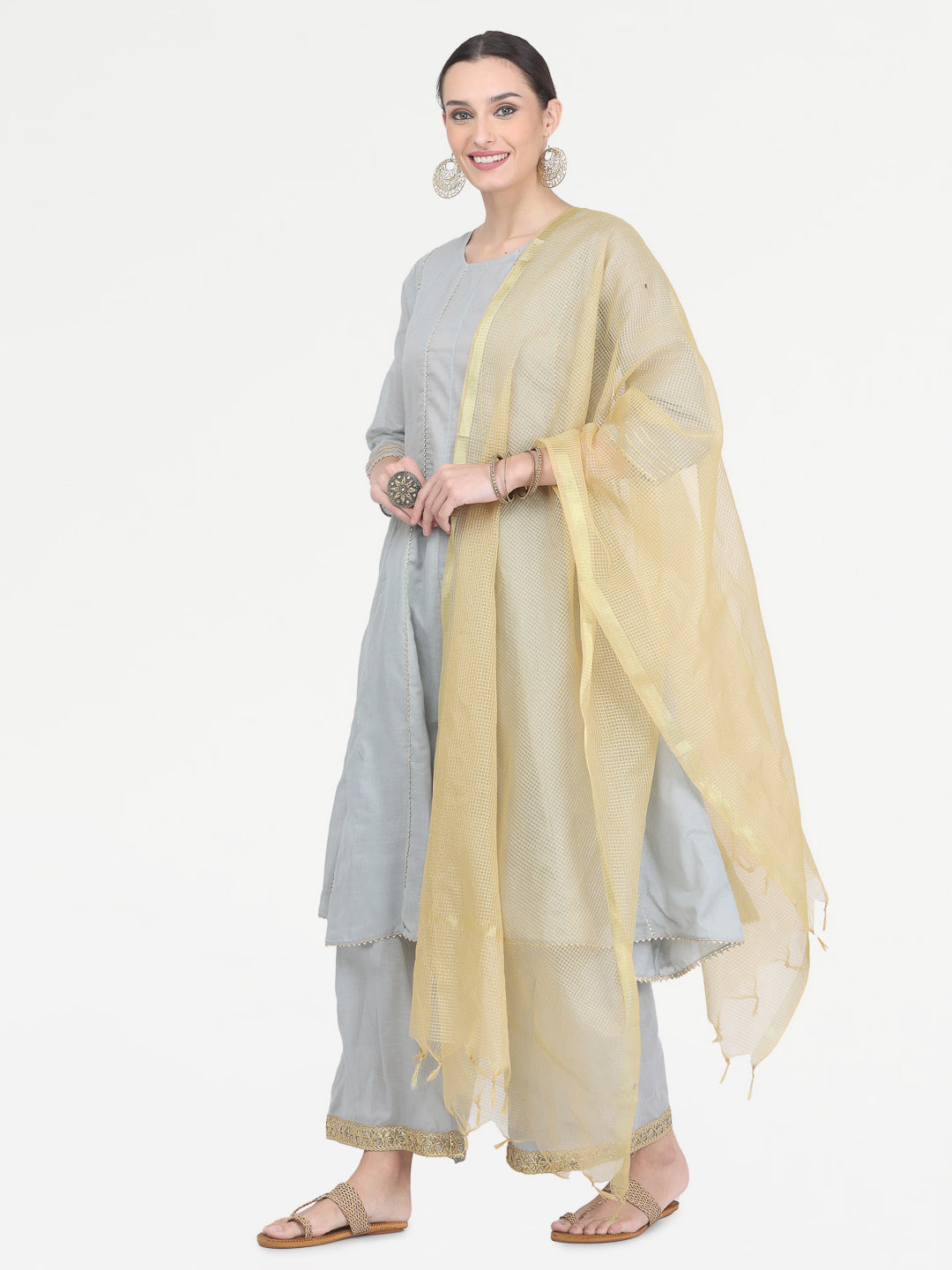 Kaanchie Nanggia Grey Gota Work Kurta Palazzo with Dupatta (Set of 3)