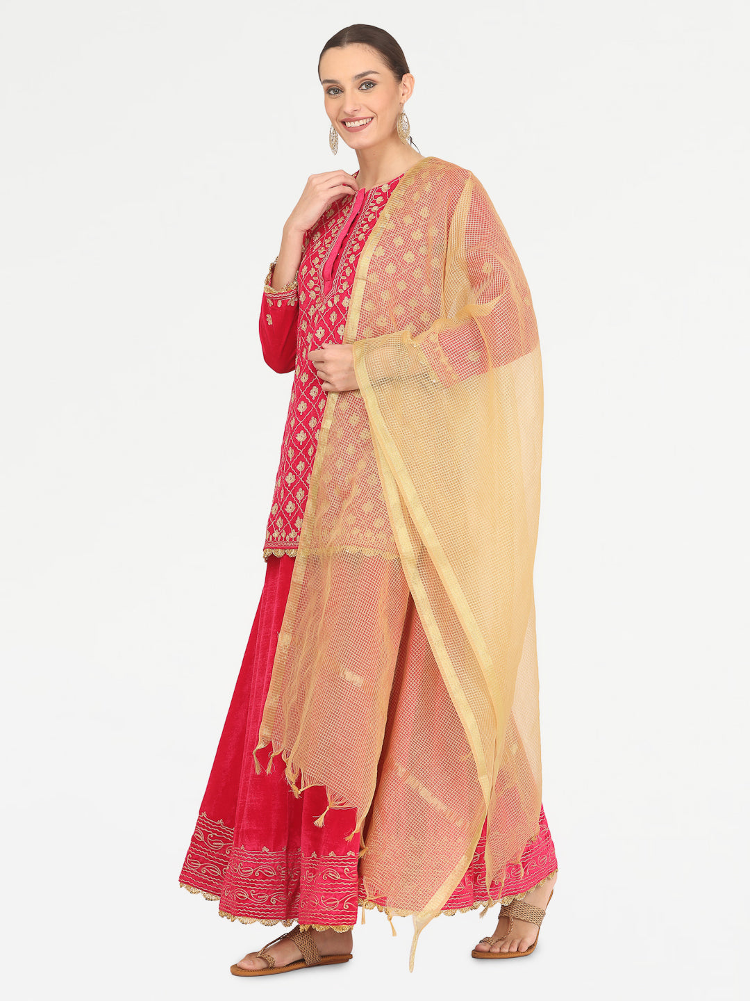 Kaanchie Nanggia Pink Embroidered Kurta Skirt with Chanderi Dupatta (Set of 3)