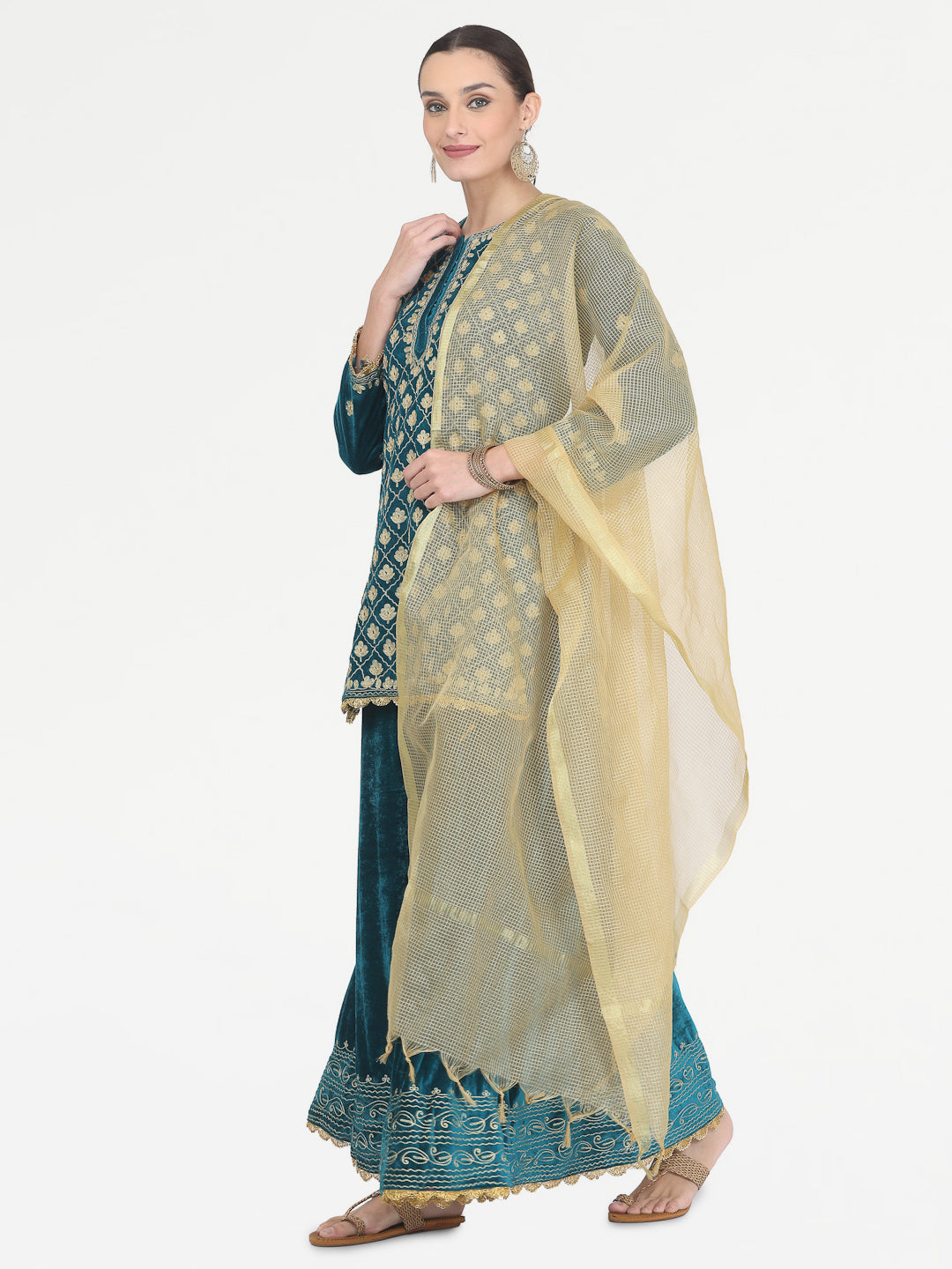 Kaanchie Nanggia Teal Green Embroidered Kurta Skirt with Chanderi Dupatta (Set of 3)