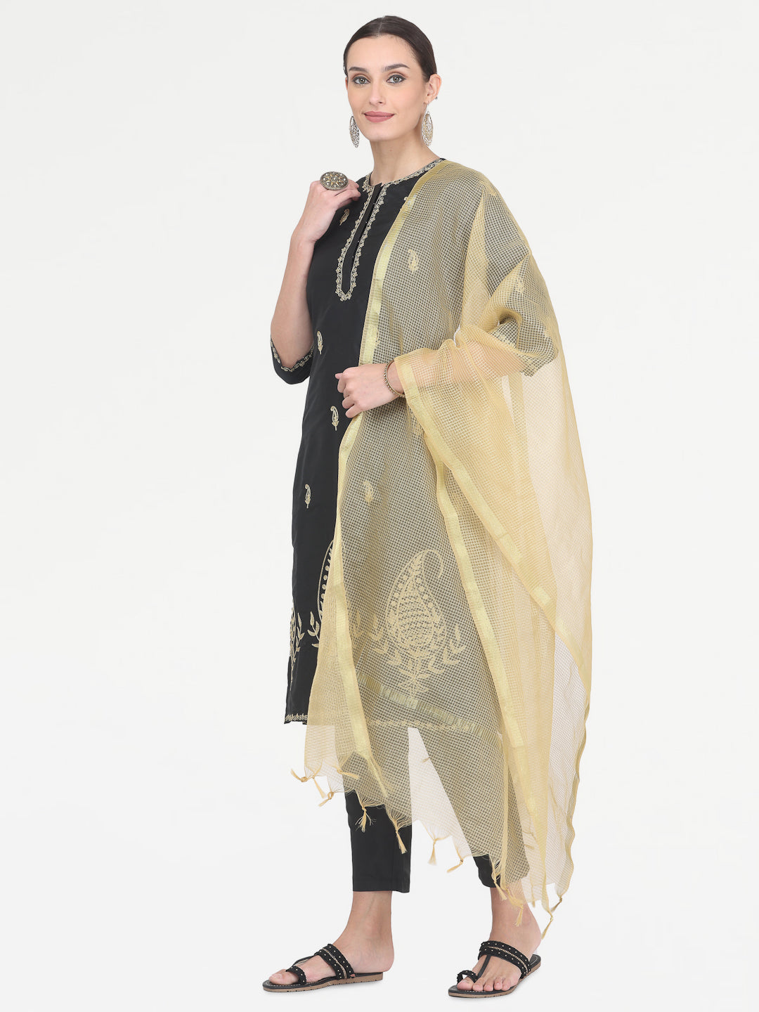 Kaanchie Nanggia Black Taffeta Embroidered Kurta Pant with Dupatta (Set of 3)