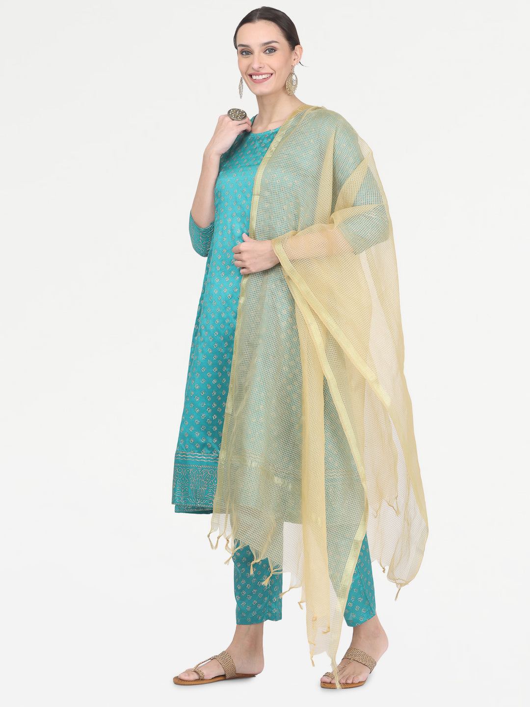 Kaanchie Nanggia Green Printed Kurta Pant with Dupatta (Set of 3)