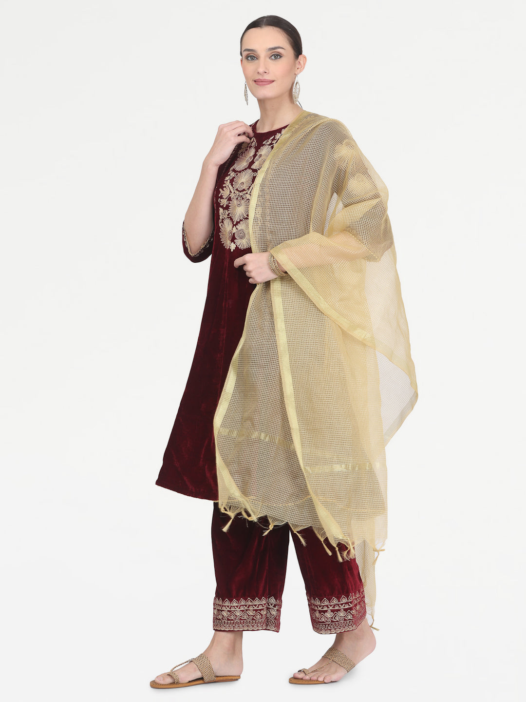 Kaanchie Nanggia Maroon Embroidered Kurta Palazzo with Chanderi Dupatta (Set of 3)