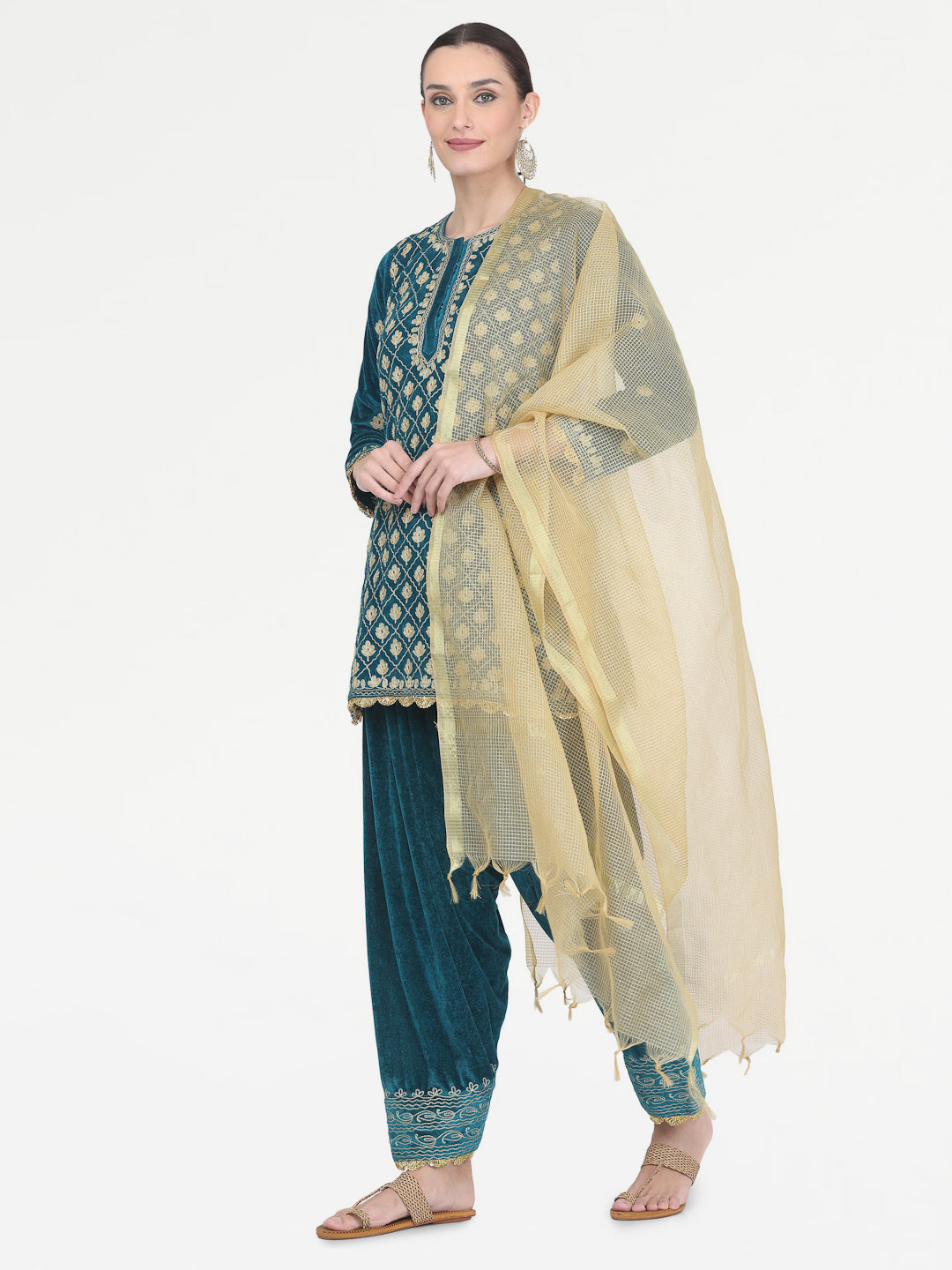 Kaanchie Nanggia Teal Green Embroidered Kurta Salwar with Chanderi Dupatta (Set of 3)