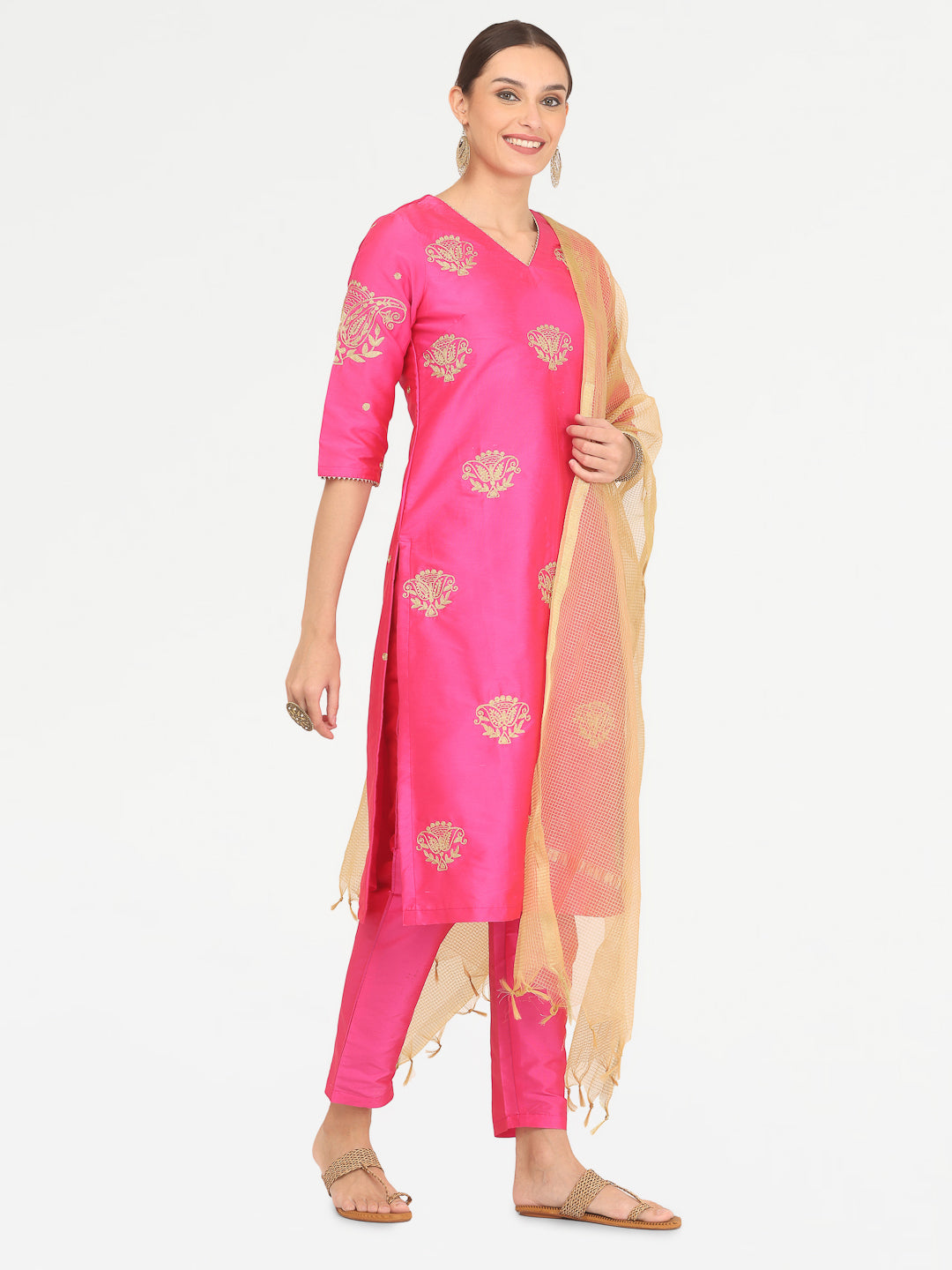 Kaanchie Nanggia Pink Taffeta Embroidered Kurta Pant with Dupatta (Set of 3)