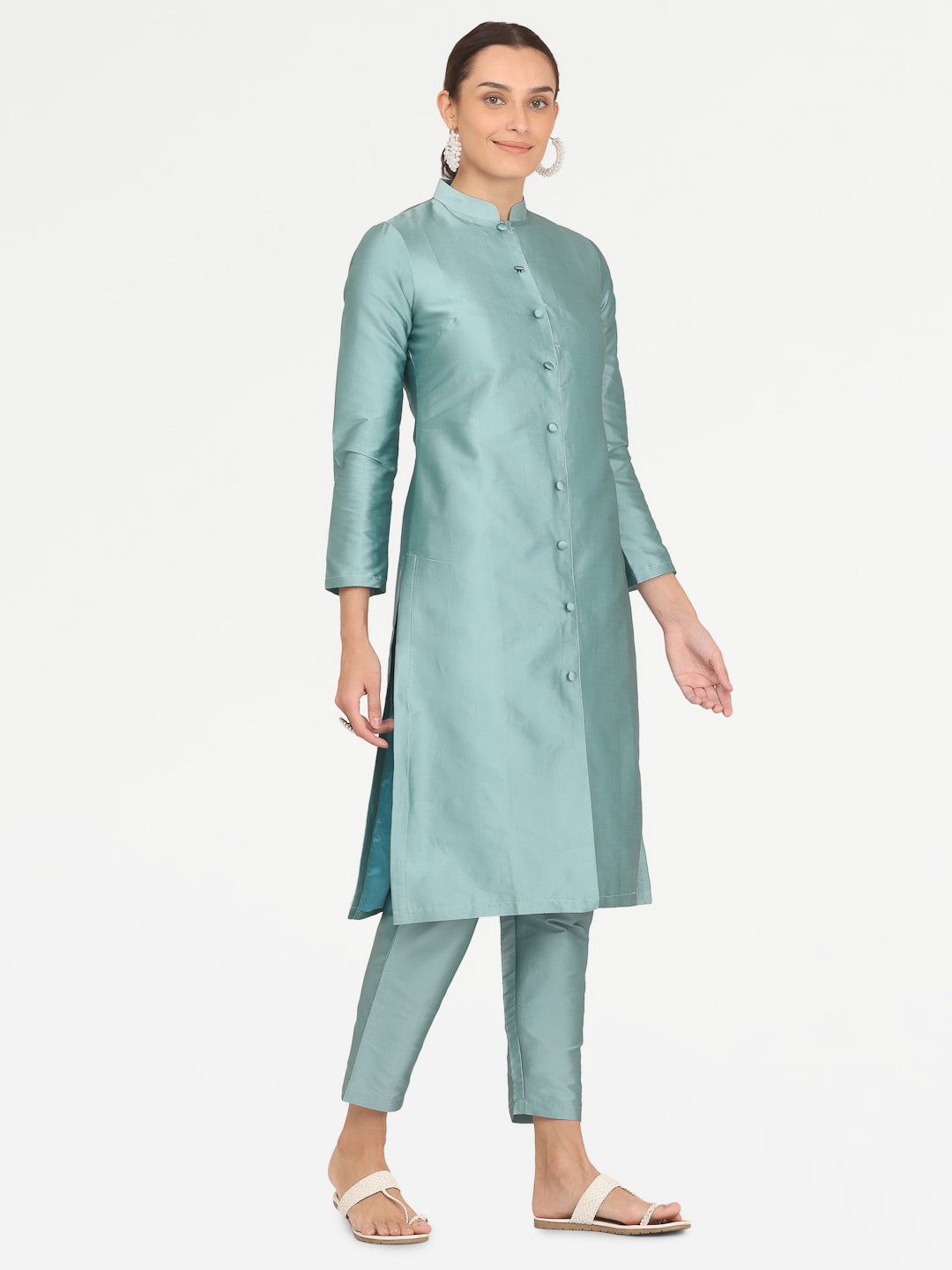 Kaanchie Nanggia Blue Taffeta Kurta with Pant (Set of 2)