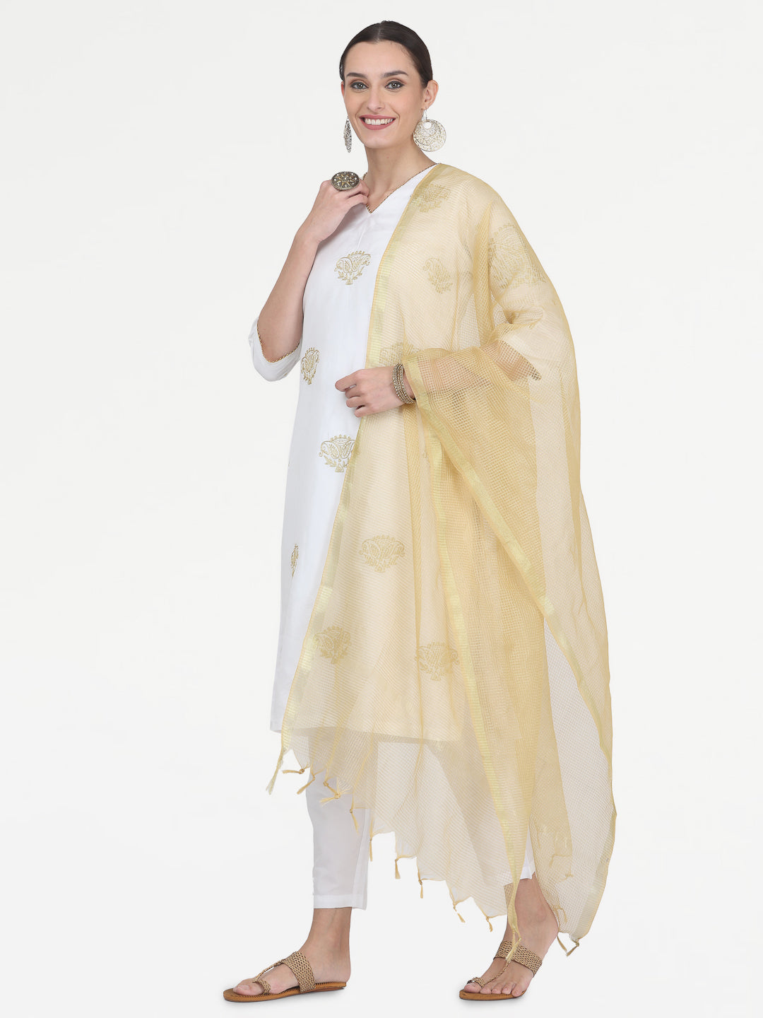 Kaanchie Nanggia White Taffeta Embroidered Kurta Pant with Dupatta (Set of 3)