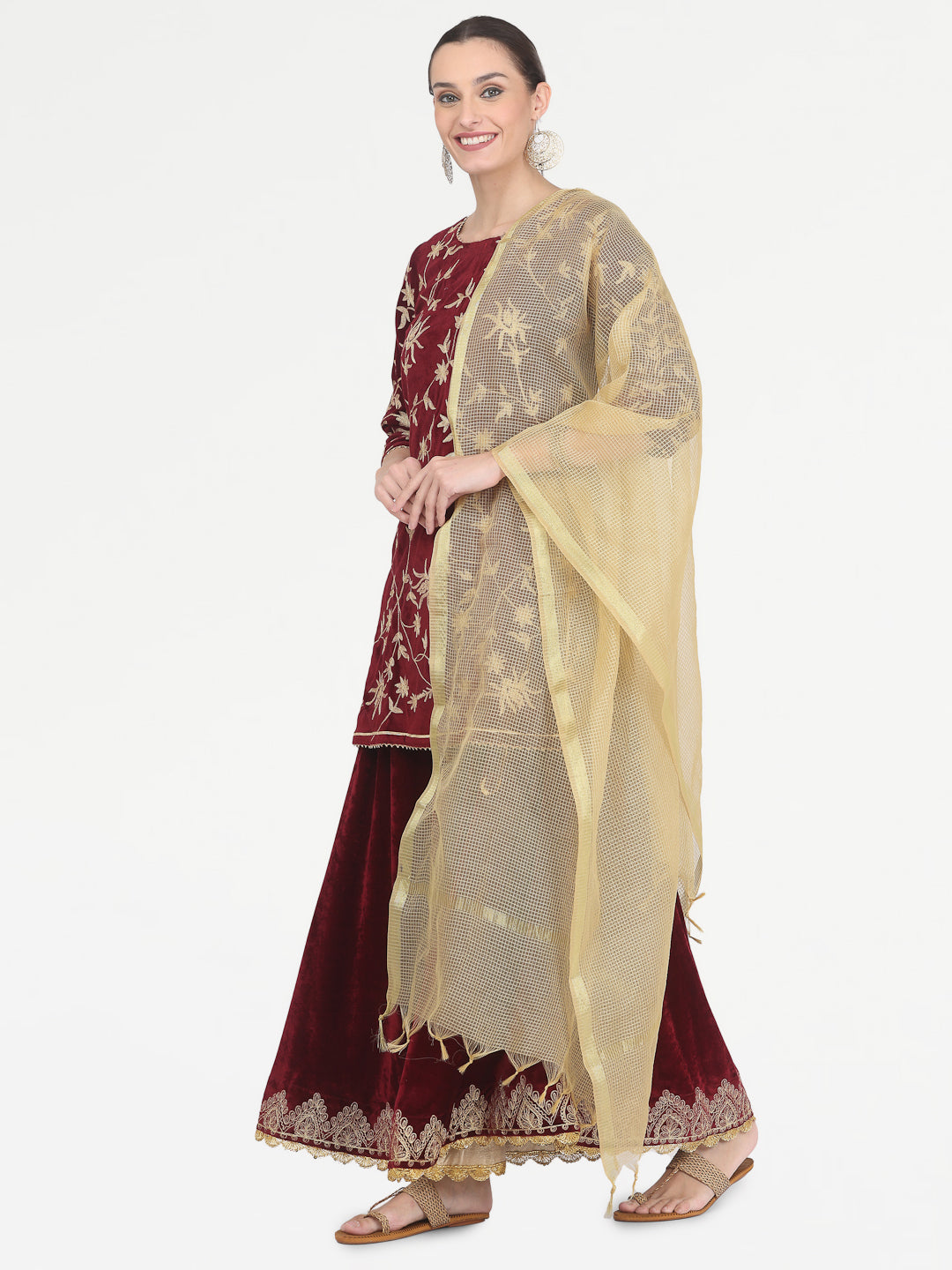 Kaanchie Nanggia Maroon Embroidered Kurta Skirt with Chanderi Dupatta (Set of 3)