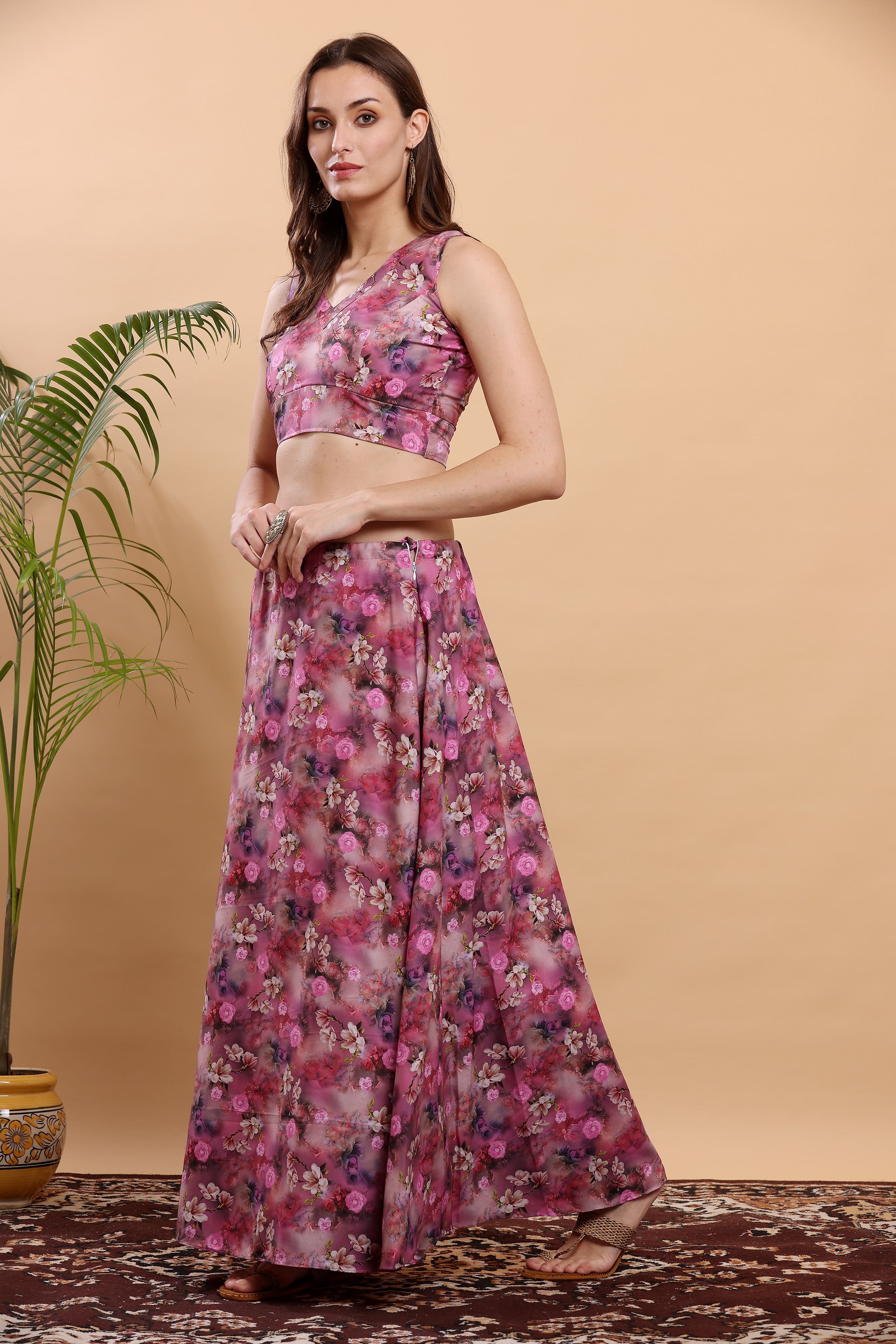 Kaanchie Nanggia Magenta & Pink Printed Ready to Wear Lehenga & Choli (Set of 2)