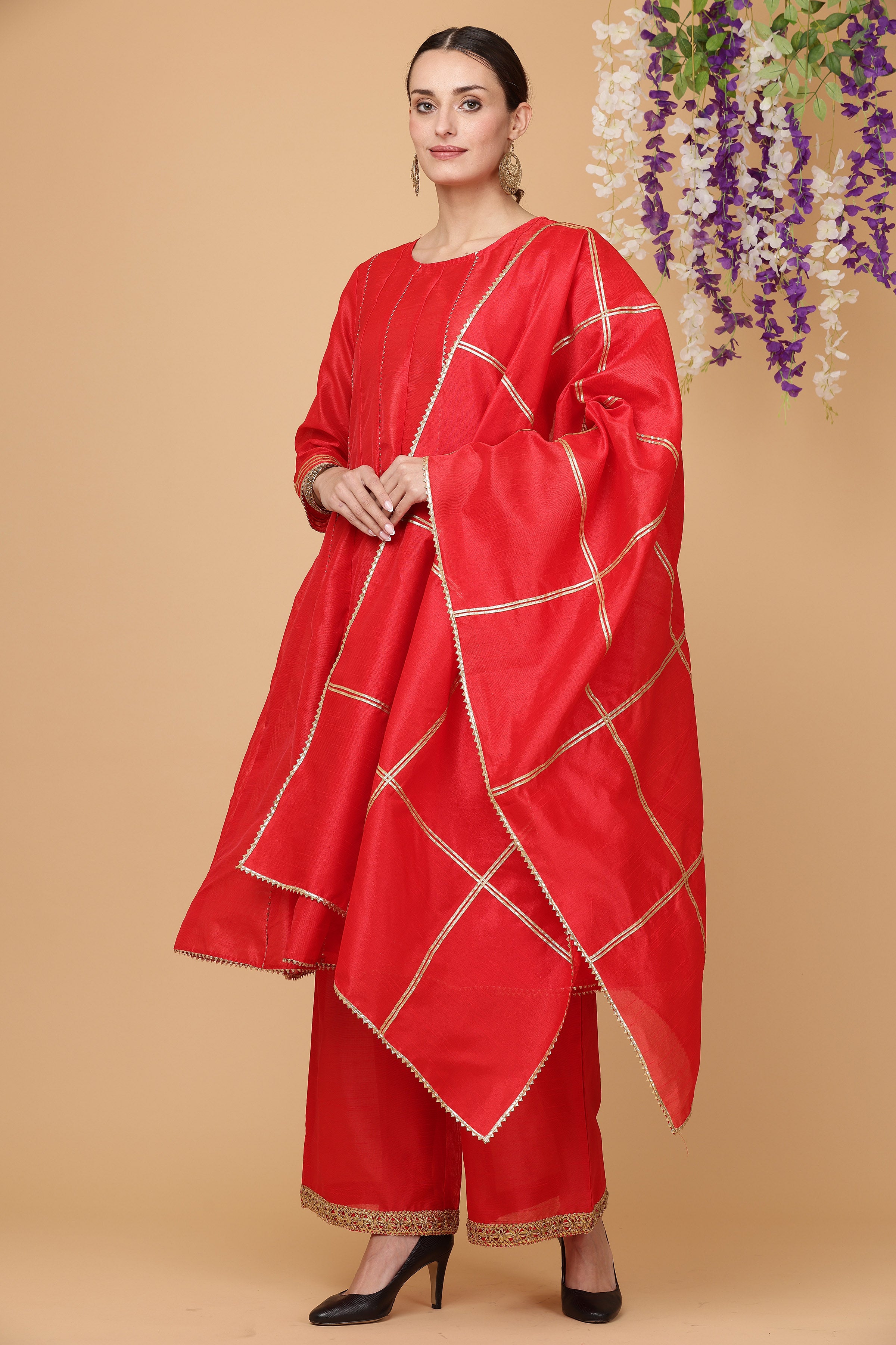 Kaanchie Nanggia Red kalidar kurta pallazo with dupatta