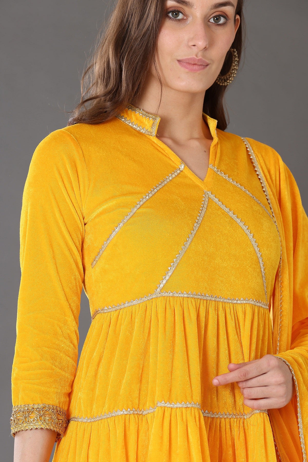 Kaanchie Nanggia Yellow Velvet with Gota Patti Work Flared Kurta Palazzo & Dupatta (Set of 3)