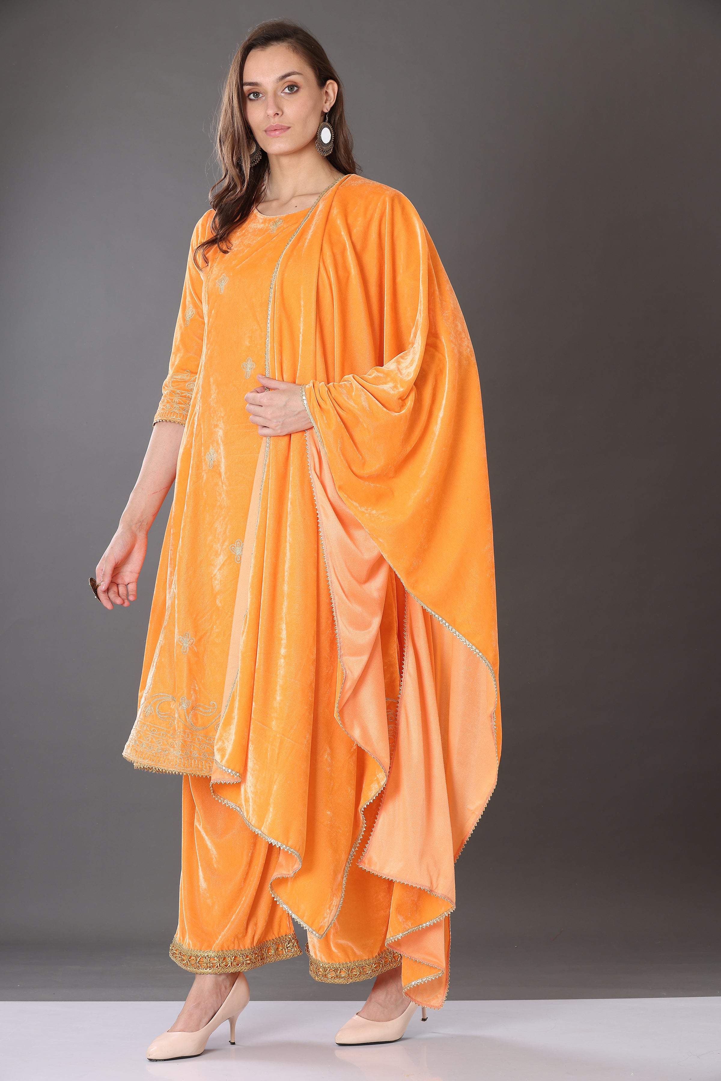 Kaanchie Nanggia Orange Velvet Embroidered Kurta Palazzo and Dupatta (Set of 3)