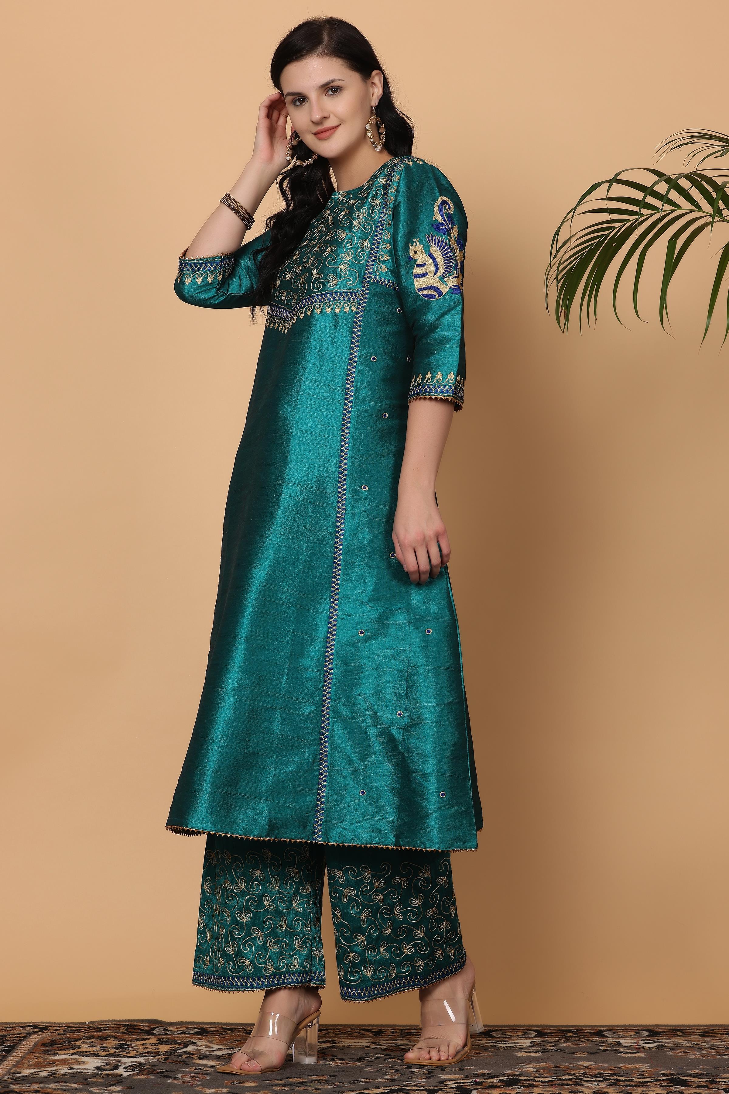 Kaanchie Nanggia Teal Green Embroidered Kurta Palazzo with Dupatta (Set of 3)