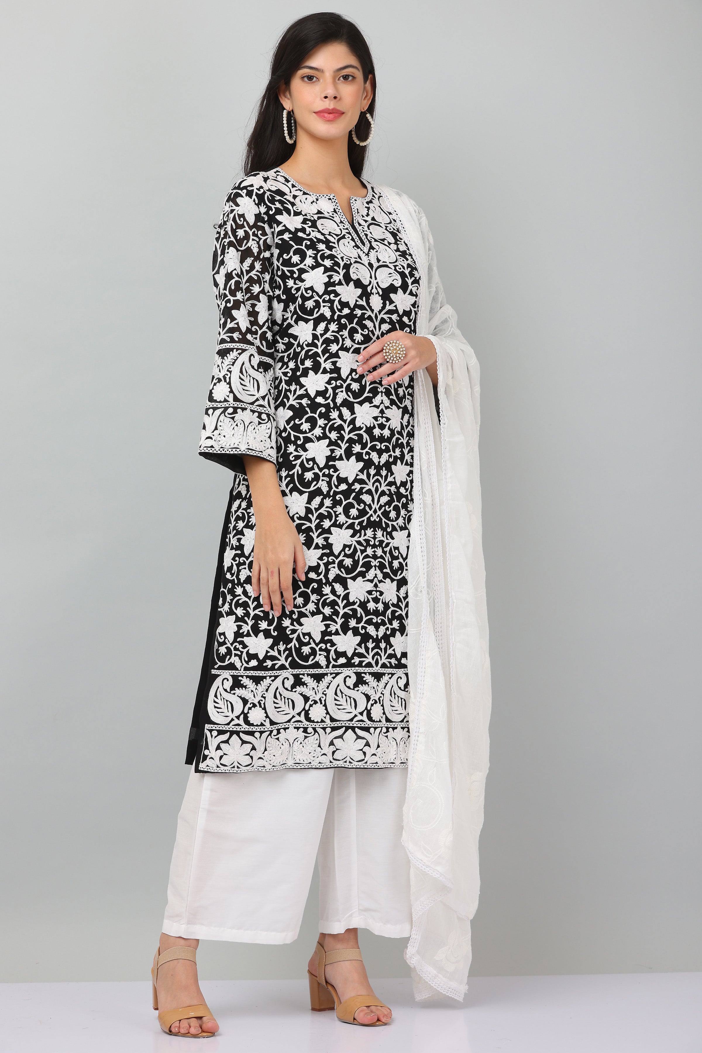 Kaanchie Nanggia Black Georgette Embroidered Kurta & Dupatta with Pant (Set of 3)