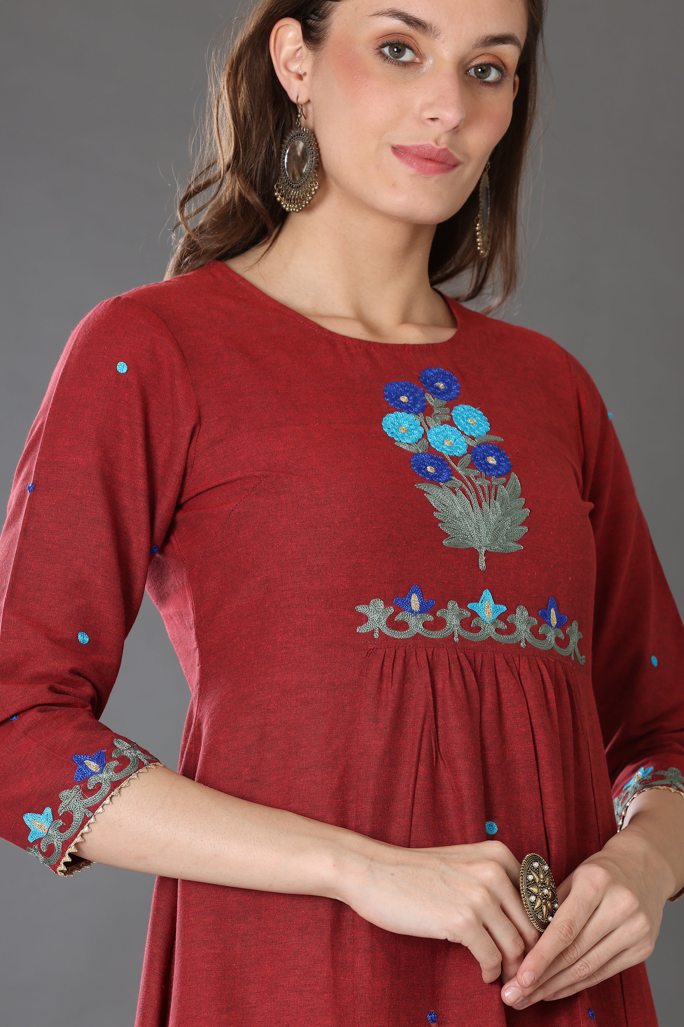 Kaanchie Nanggia Maroon Cotton Embroidered Flared Kurta Pants (Set of 2)