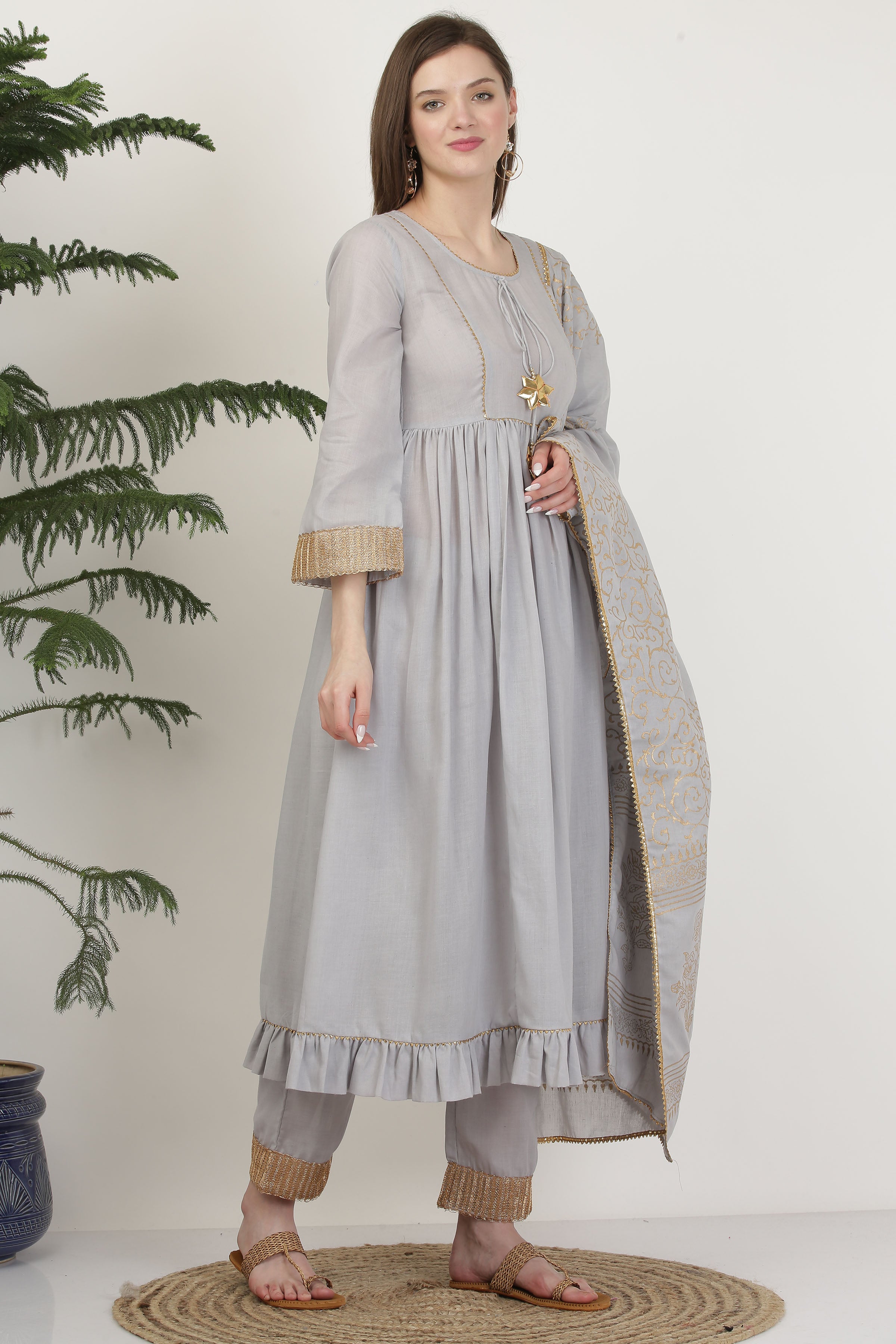 Kaanchie Nanggia Cotton Grey Gota Work Kurta Pant (Set of 2)