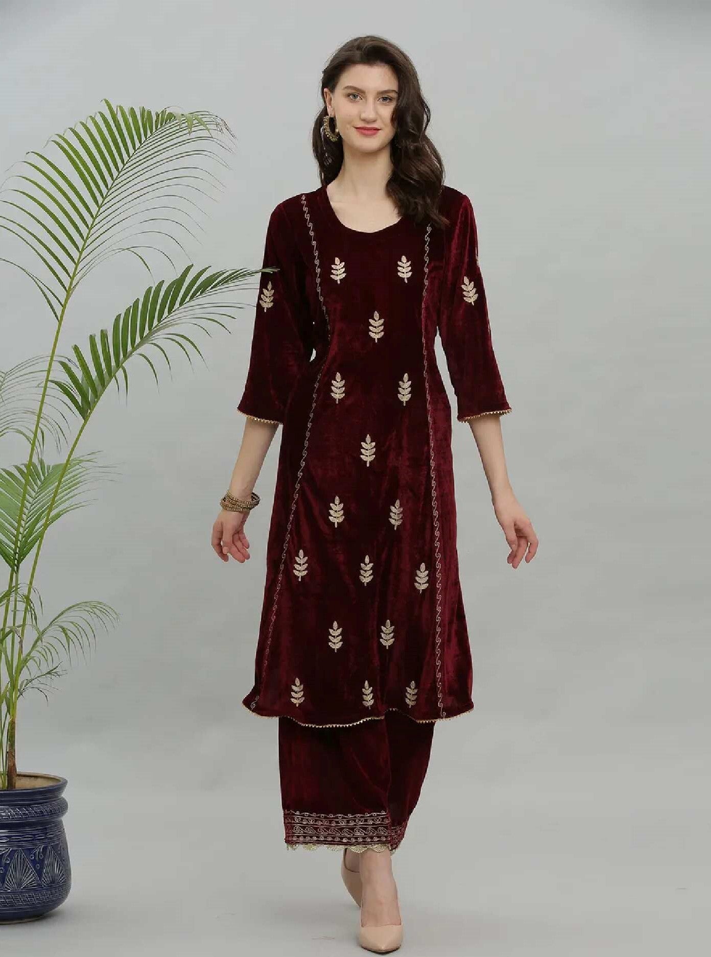 Kaanchie Nanggia Maroon Embroidery Velvet Kurta Pallazo - (Set of 2)
