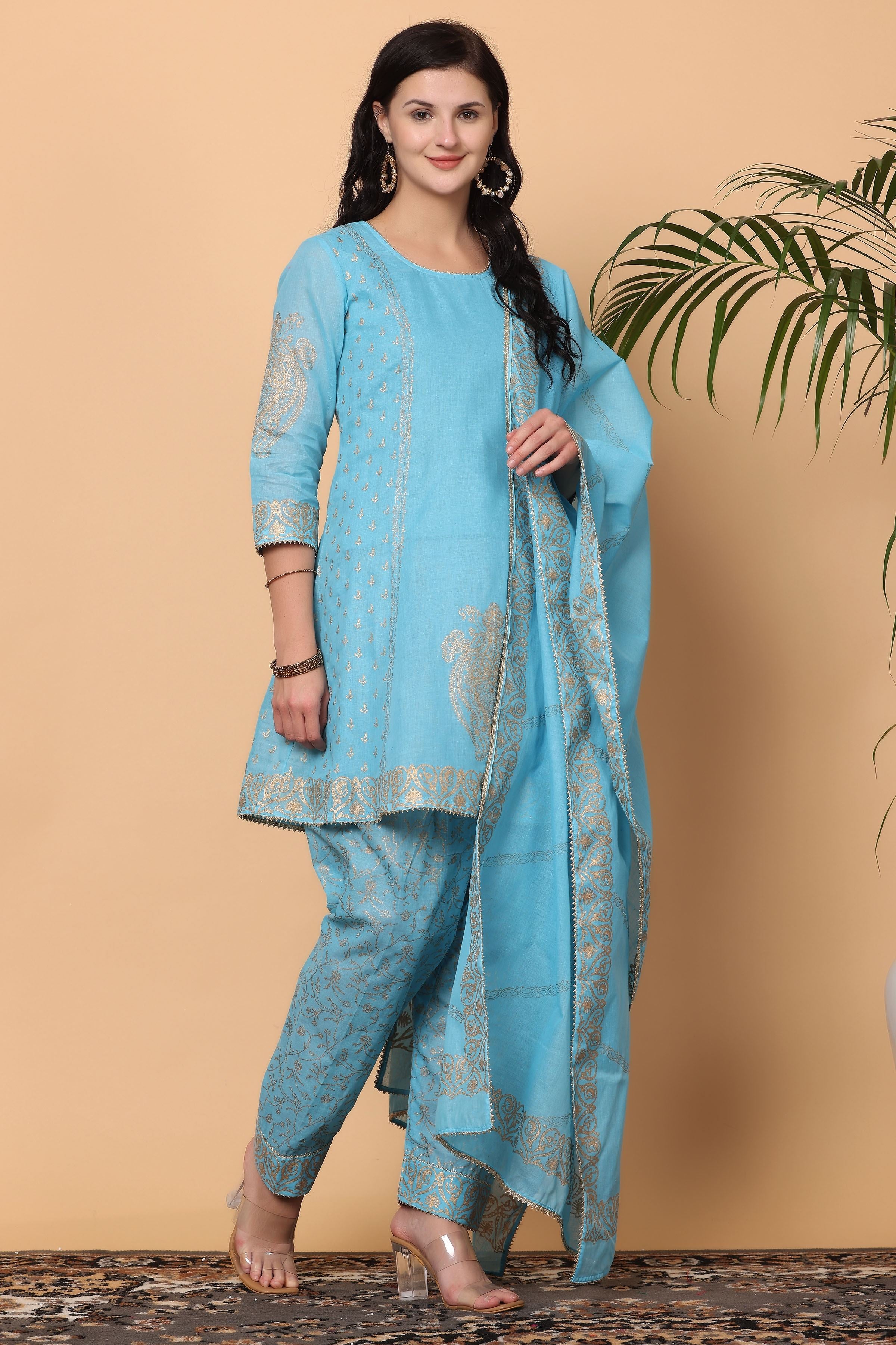 Kaanchie Nanggia Turquoise Printed Kurta Dupatta and Salwar (Set of 3)