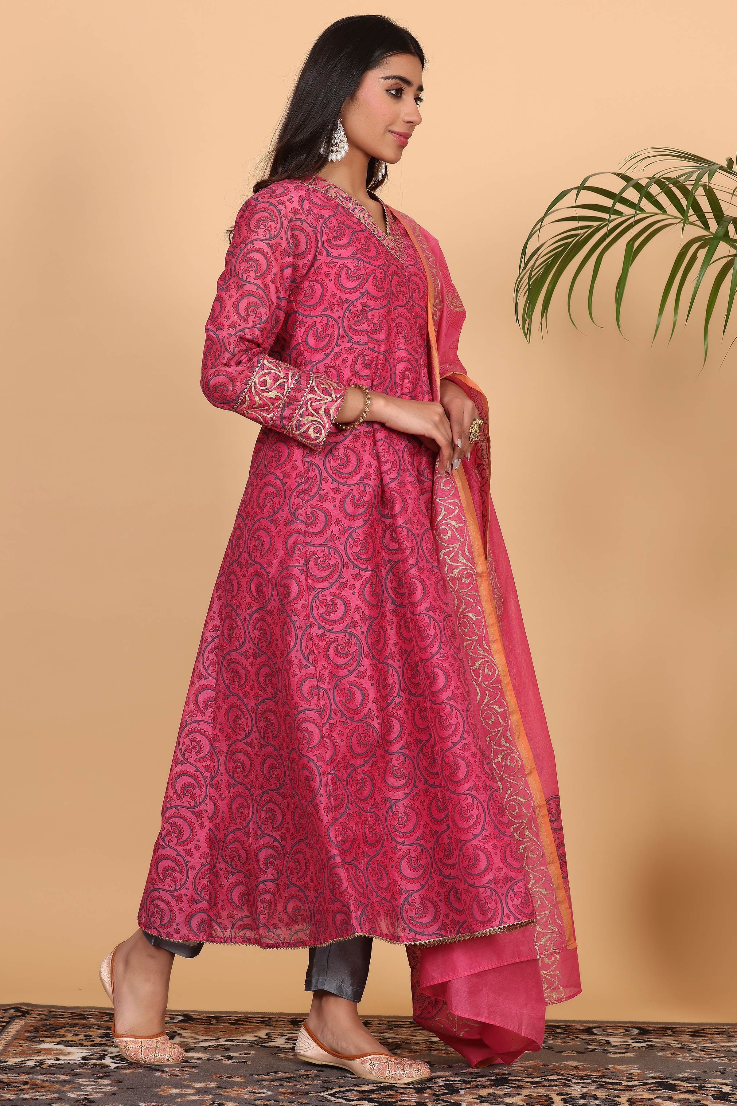 Kaanchie Nanggia Pink Chanderi Kalidar Printed Kurta Dupatta with Pants (Set of 3)