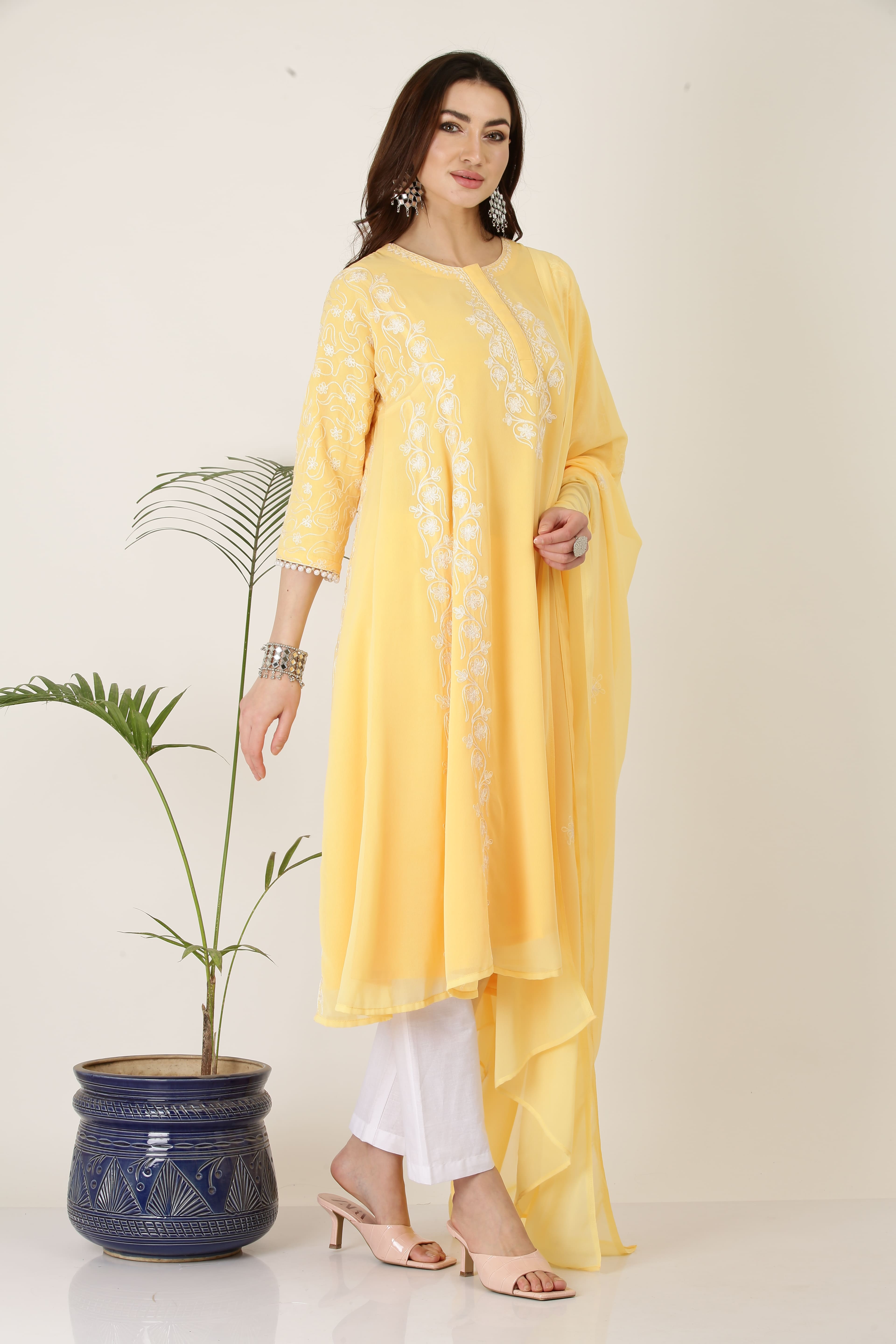 Kaanchie Nanggia Heavy Embroidered Yellow Georgette Kurta Pant Dupatta (Set of 3)