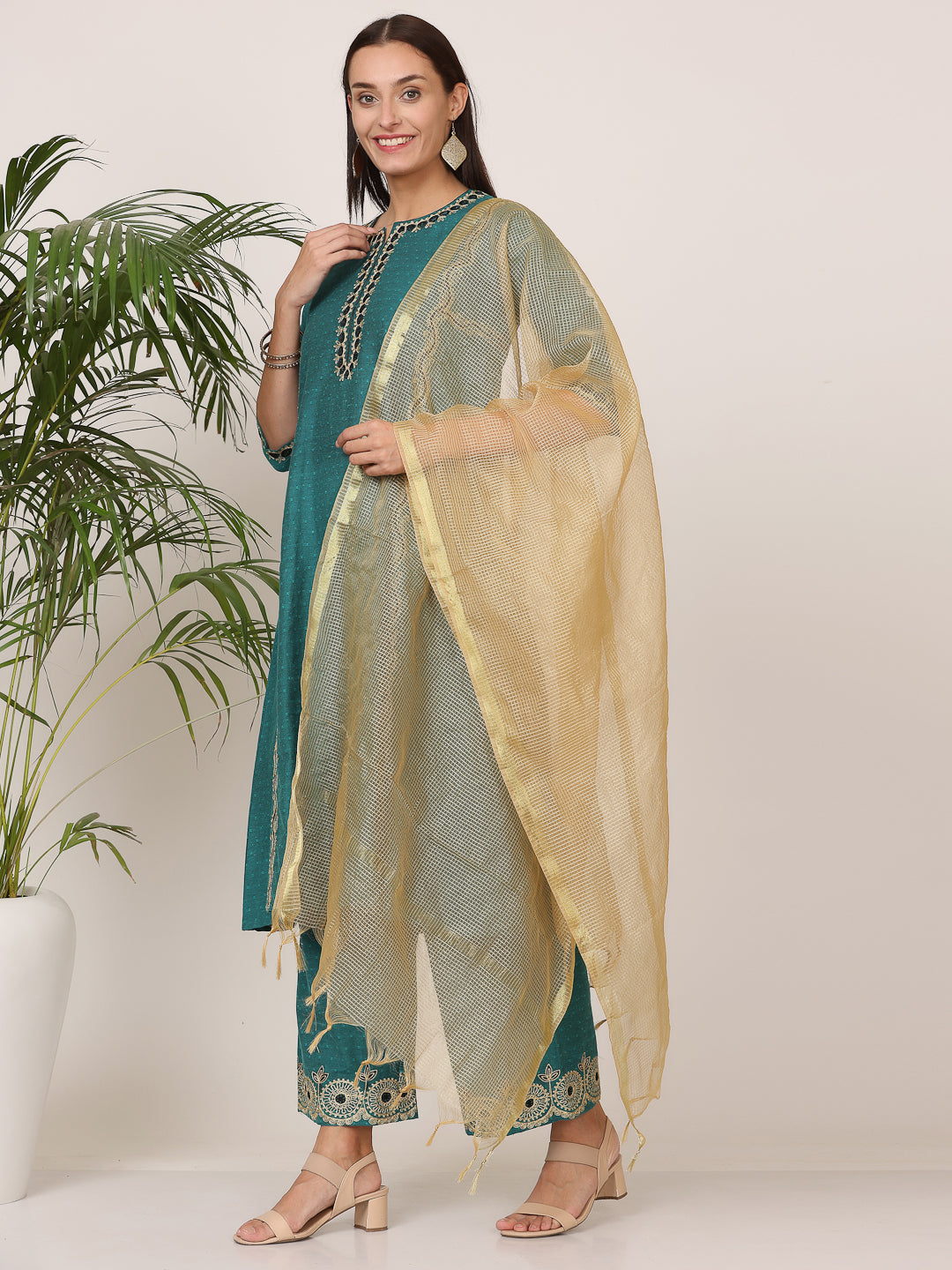 Kaanchie Nanggia Dark Green Pure Silk Embroidered Flayed Kurta Palazzo with Dupatta (Set of 3)