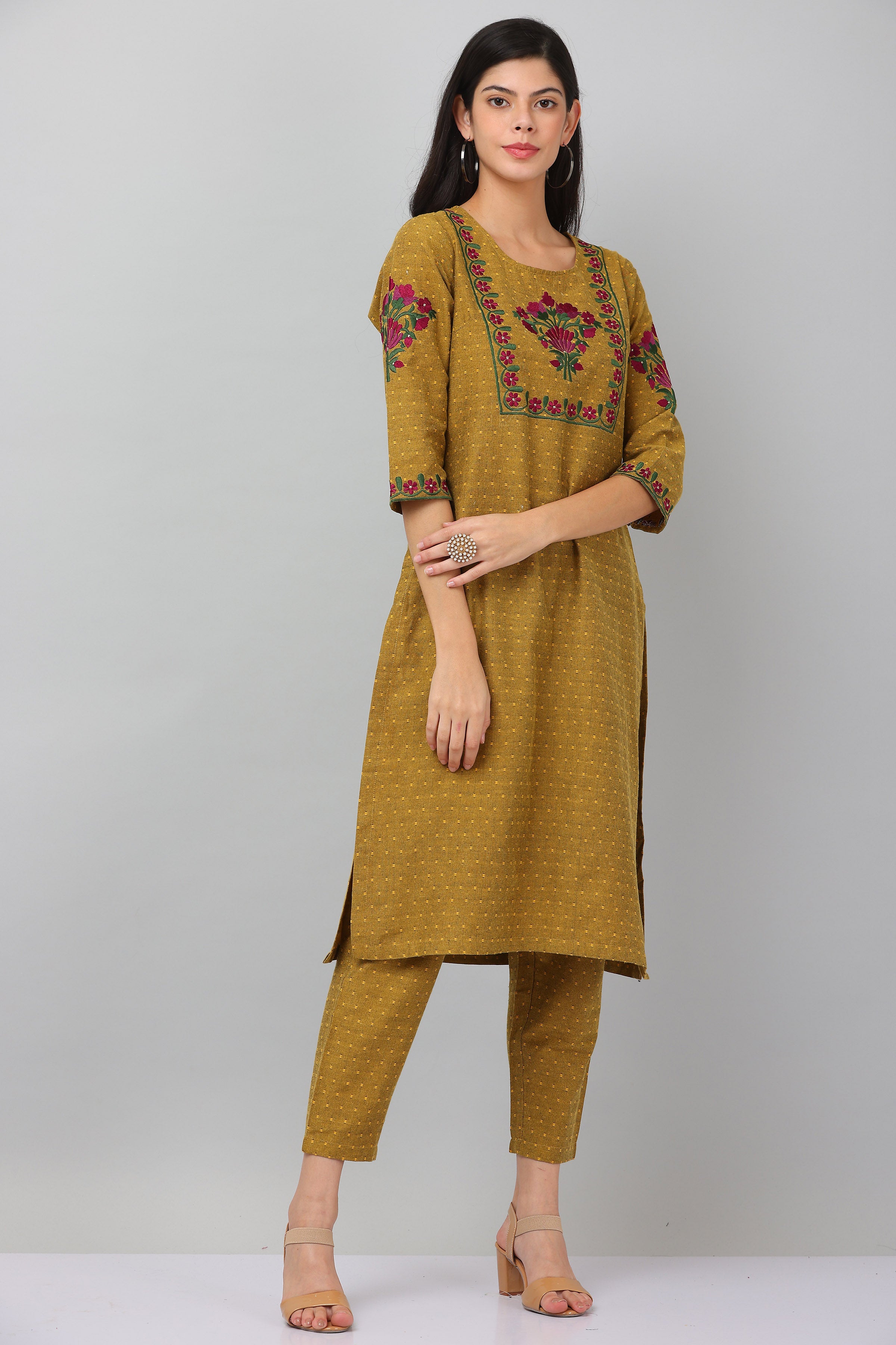 Kaanchie Nanggia Mustard Straight Kurta & Pants (Set of 2)