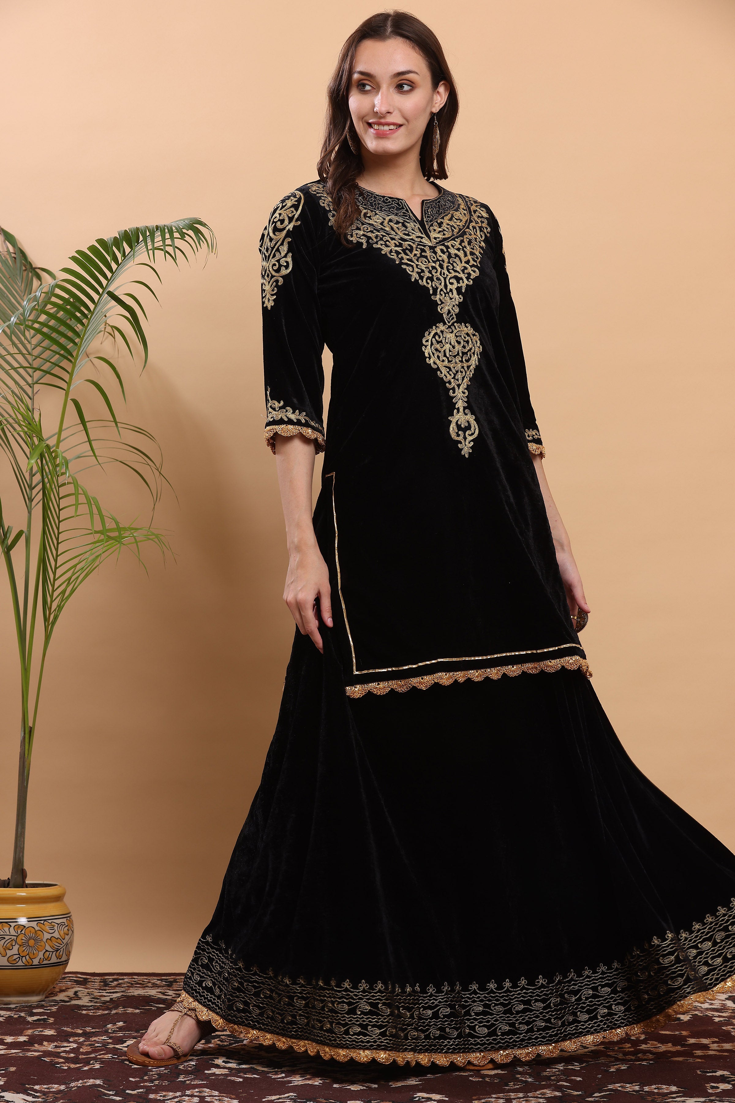Kaanchie Nanggia Black Embroidered Kurta Lehenga (Set of 2)