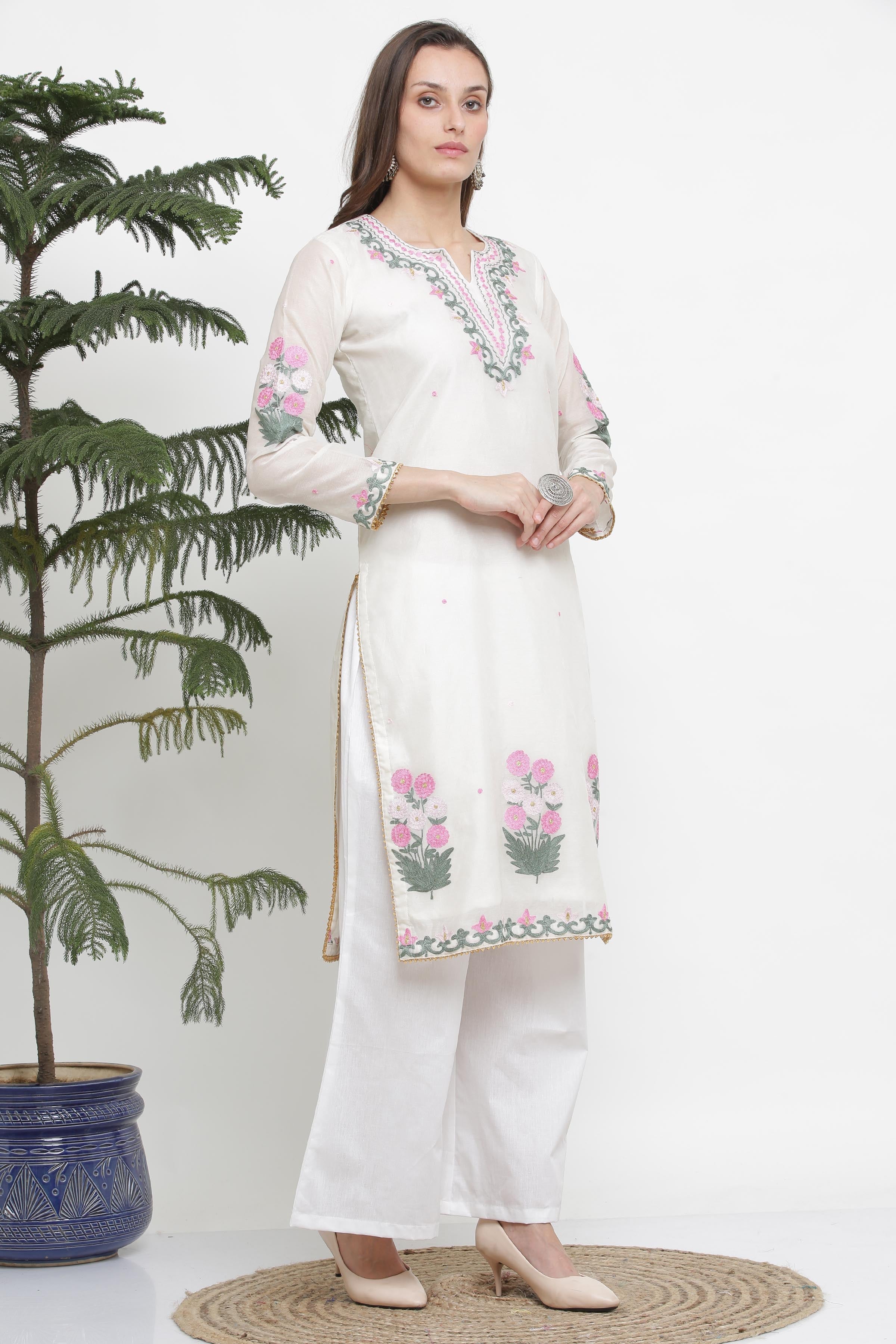 Kaanchie Nanggia White Embroidred A Line Kurta And Pant (Set of 2)