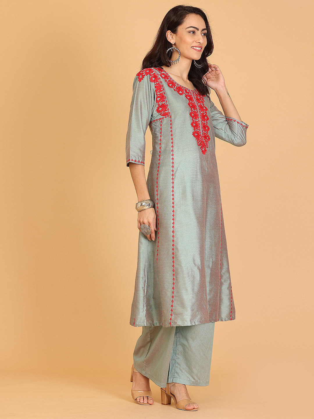 Kaanchie Nanggia Grey Embroidered Cotton Silk Flayred Kurta and Palazzo (Set of 2)