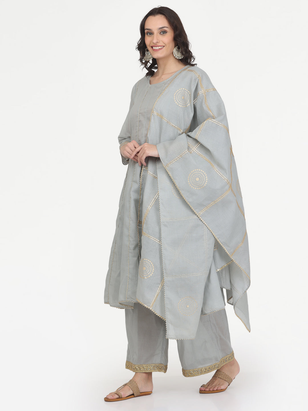 Kaanchie Nanggia Grey Gota Work Kurta Pant with Printed Dupatta (Set of 3)