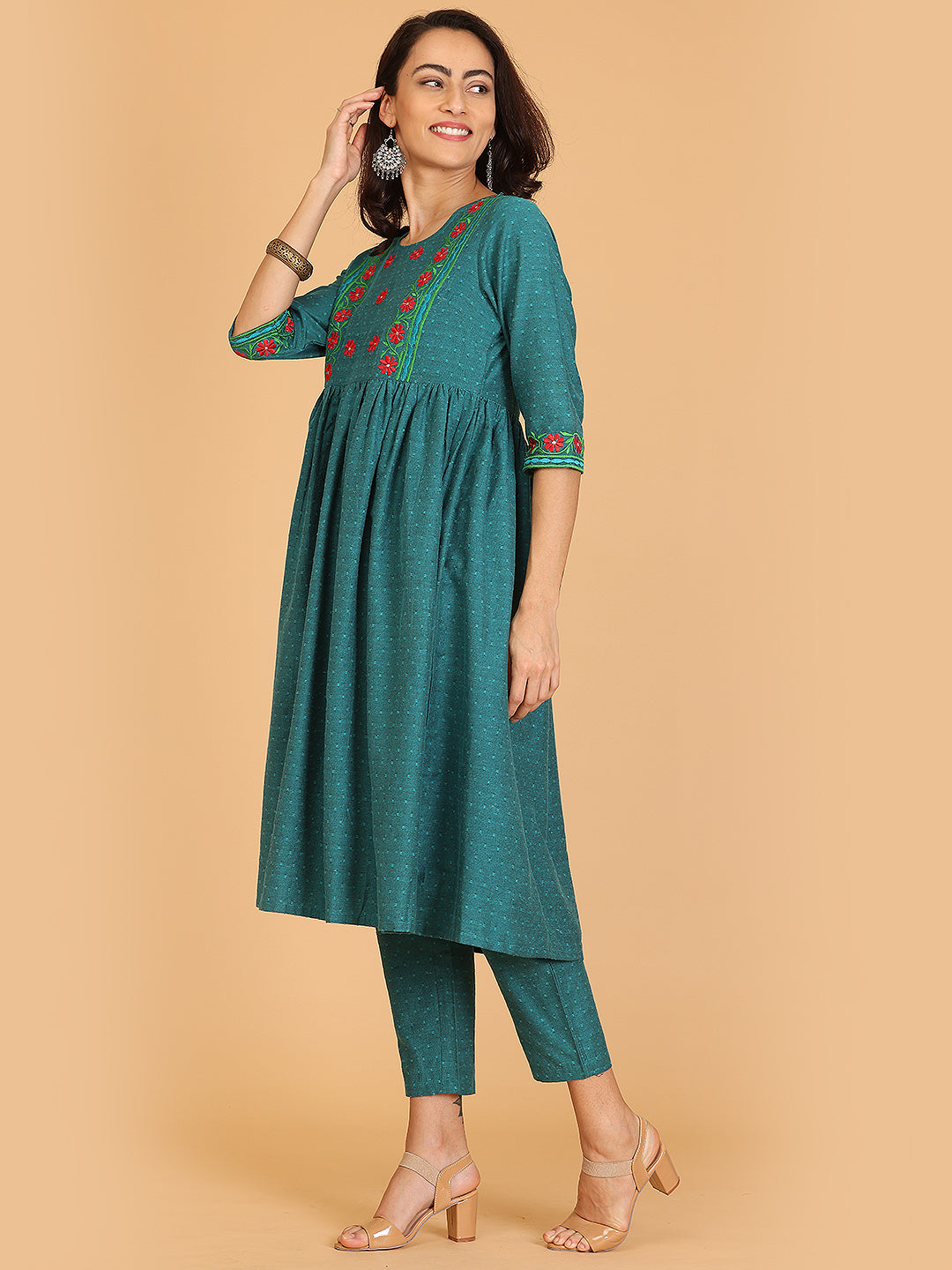 Kaanchie Nanggia Green Embroidered Flayred Kurta with Pant (Set of 2)