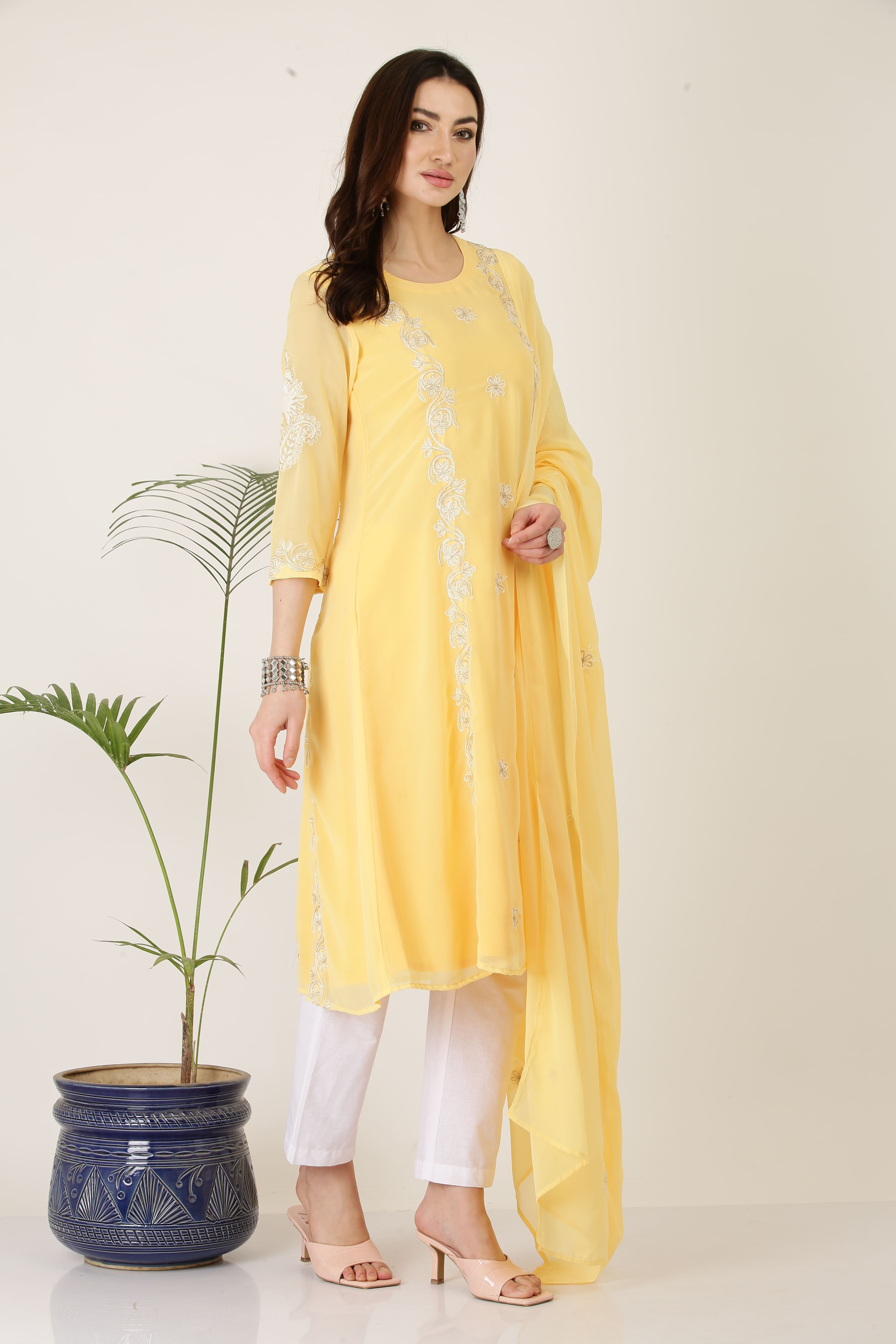 Kaanchie Nanggia Yellow Georgette Kurta Pant Dupatta (Set of 3)
