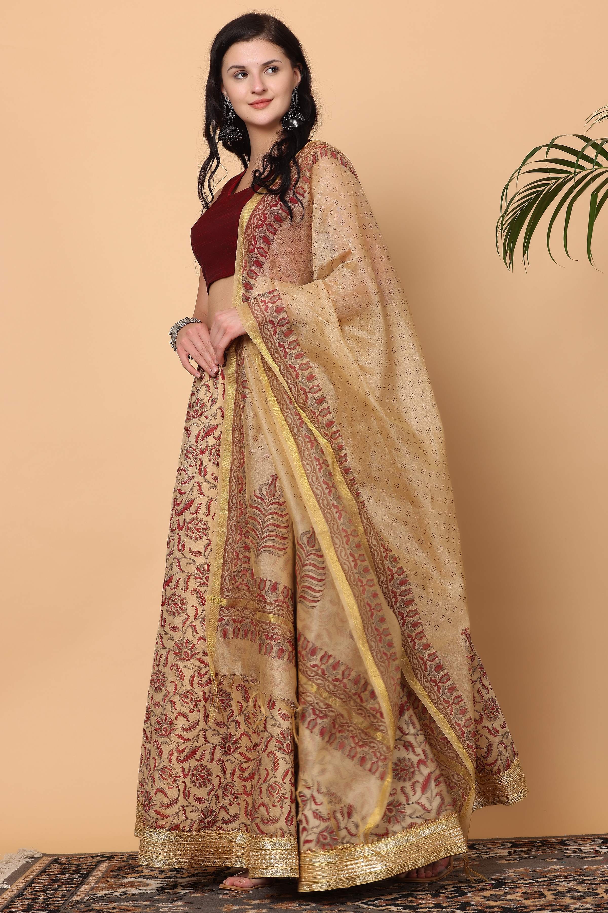 Kaanchie Nanggia Maroon Beige Printed Lehenga with Blouse and Dupatta (Set of 3)