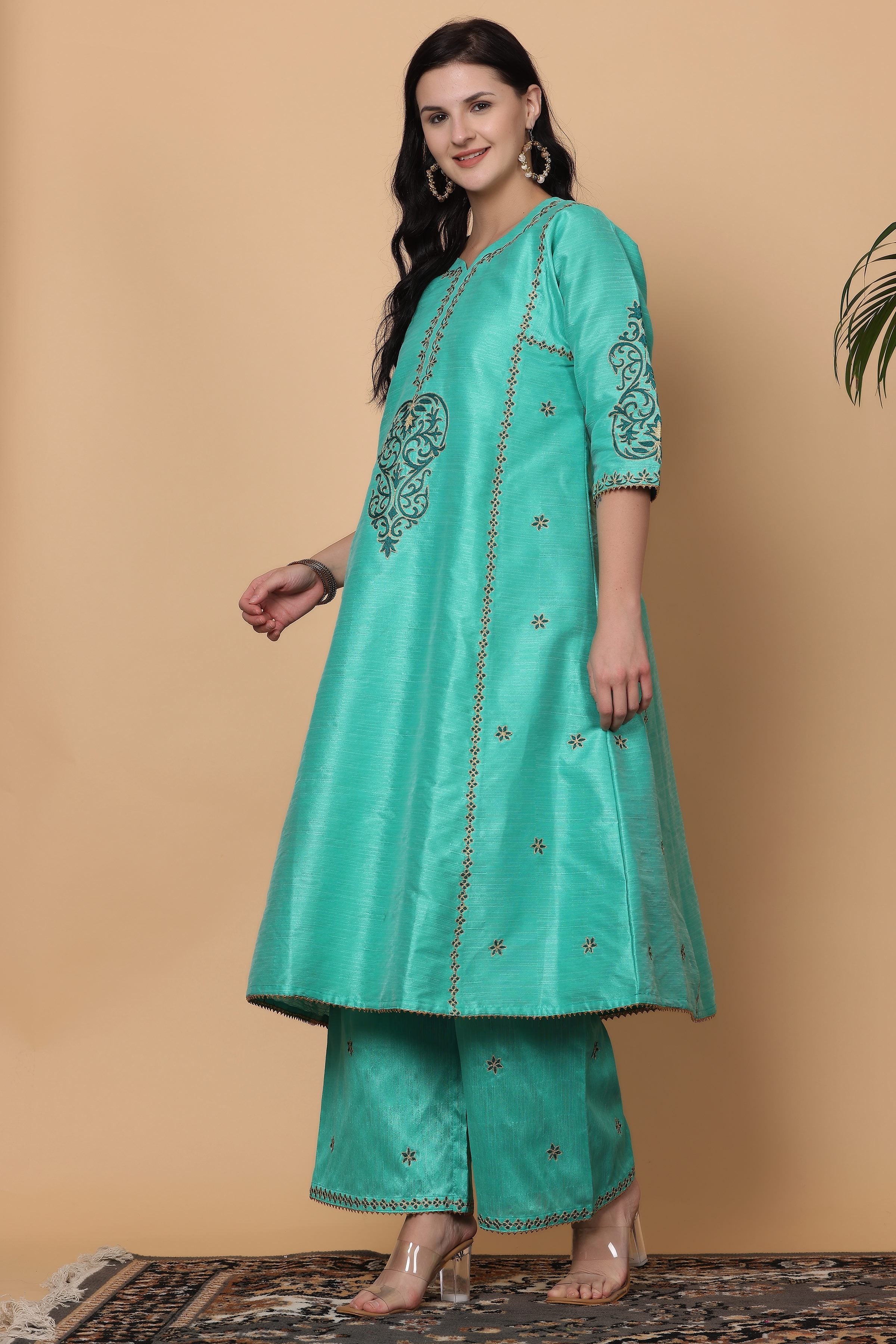 Kaanchie Nanggia Turquoise Embroidered Kurta Palazzo with Dupatta (Set of 3)