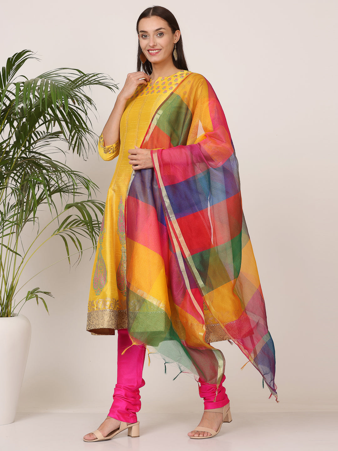 Kaanchie Nanggia Yellow Silk Printed Anarkali Churidar with Dupatta (Set of 3)