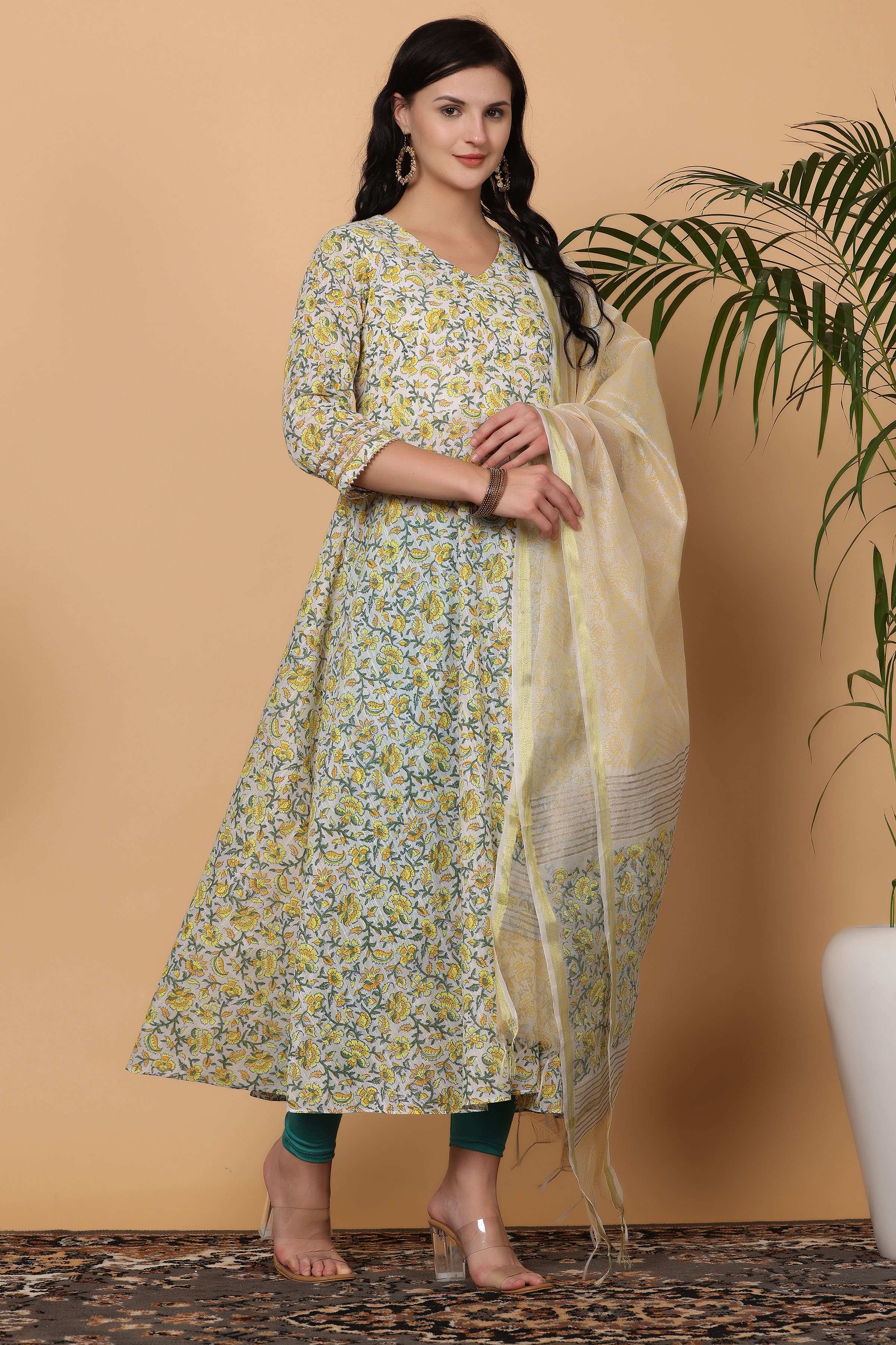 Kaanchie Nanggia Multi-Color Cotton Printed Anarkali Kurta Dupatta with Leggings (Set of 3)