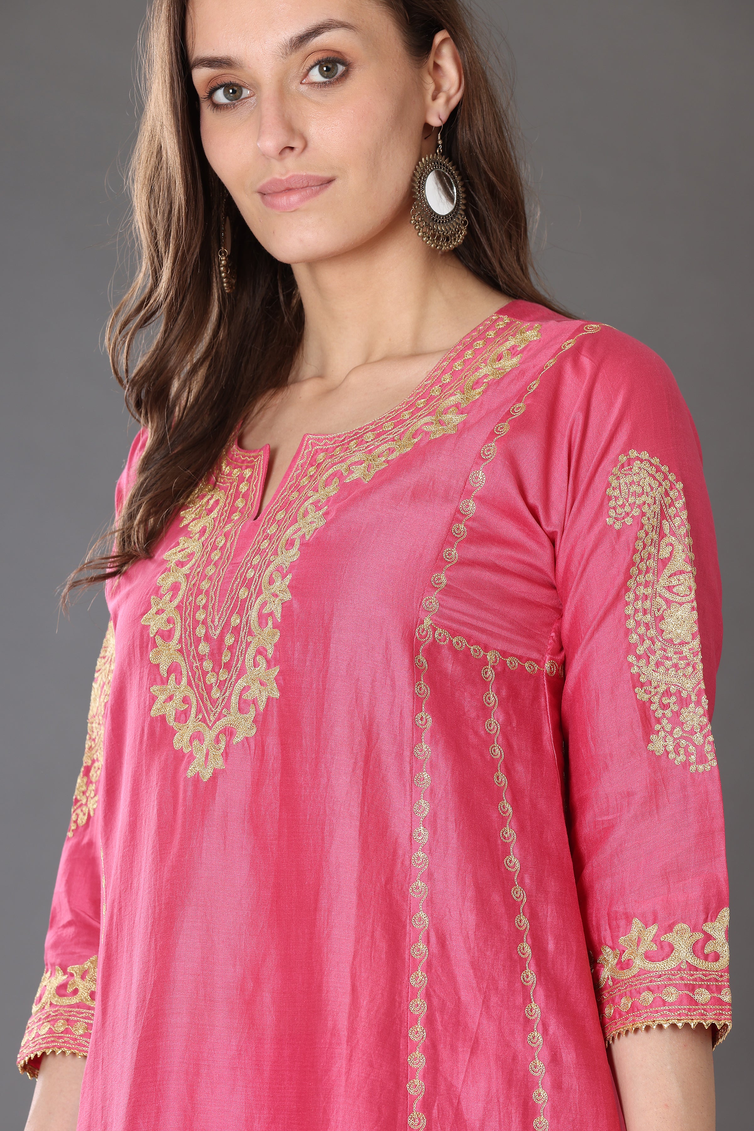 Kaanchie Nanggia Pink Embroidered Silk Kurta Palazzo (Set of 2)
