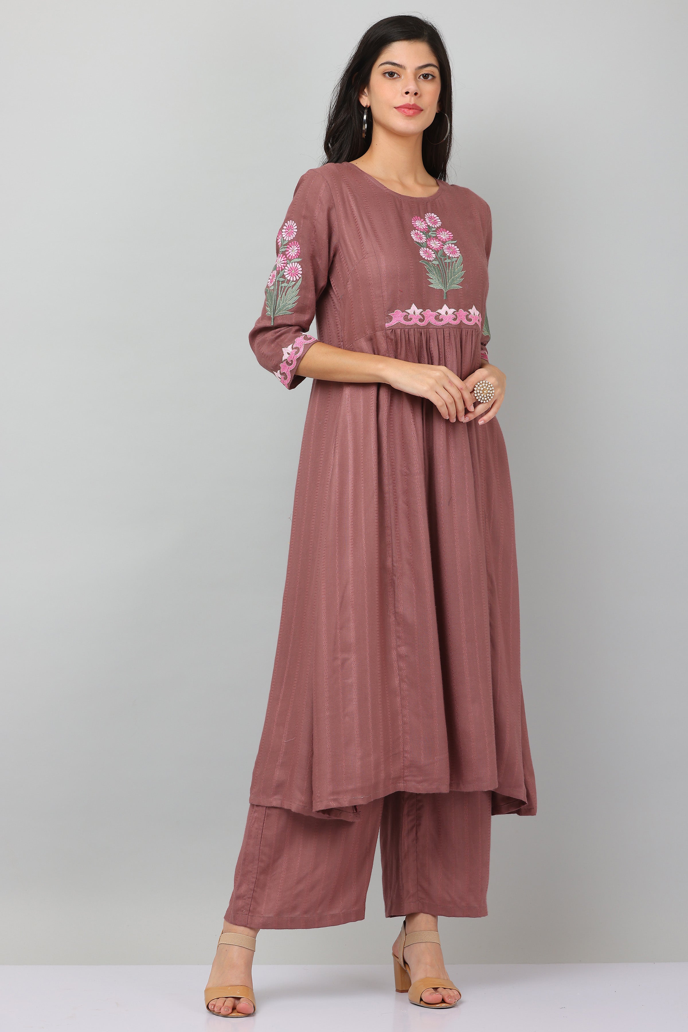 Kaanchie Nanggia Mauve Flared Kurta & Palazzo (Set of 2)