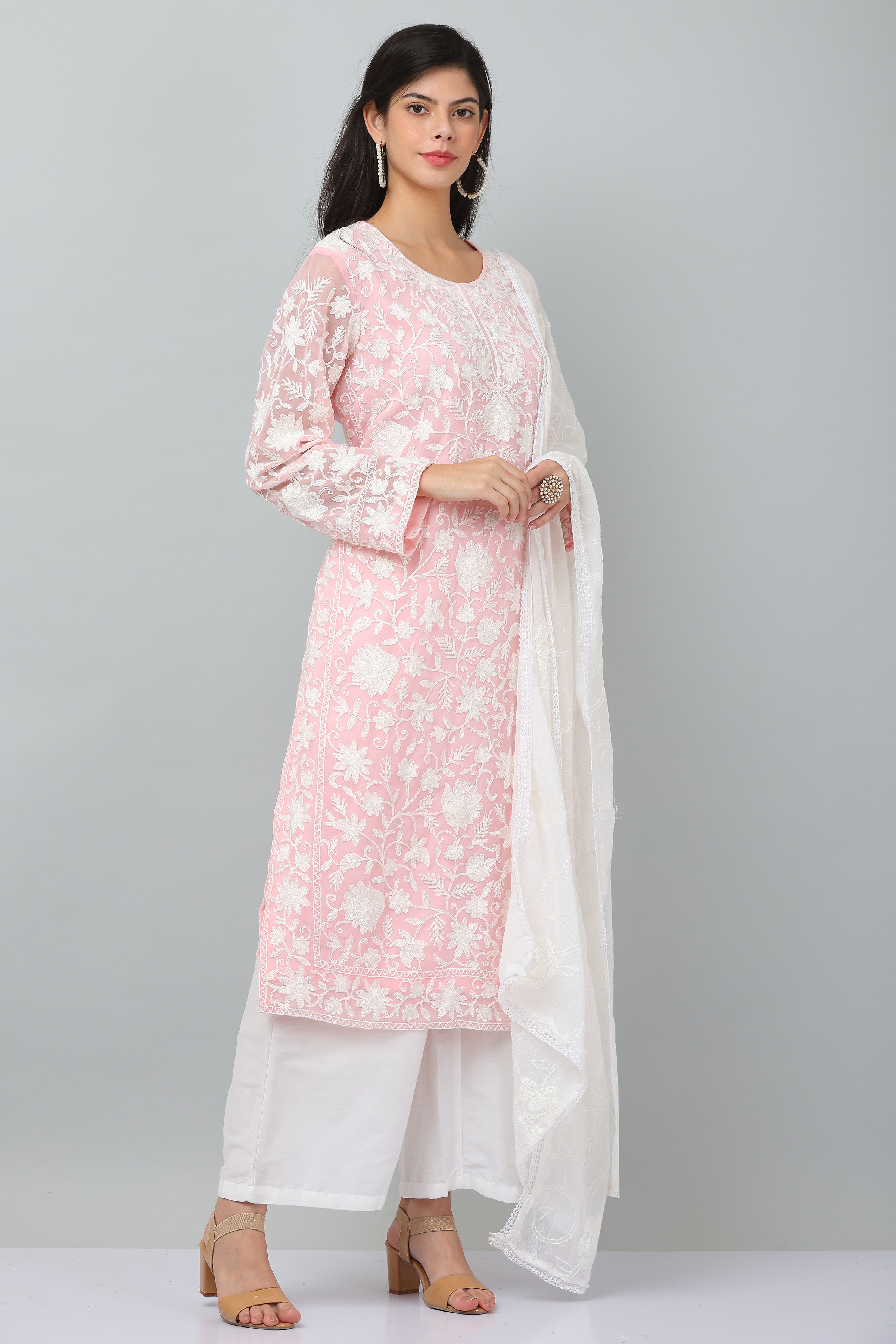 Kaanchie Nanggia Pink Georgette Embroidered Kurta & Dupatta with Pant (Set of 3)